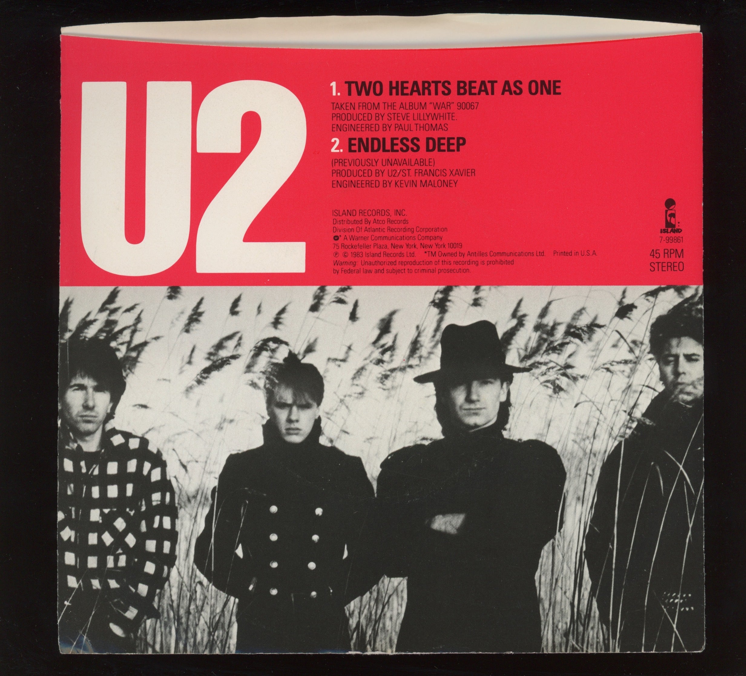 U2 - Two Hearts Beat As One on Island Promo 45 With Picture Sleeve