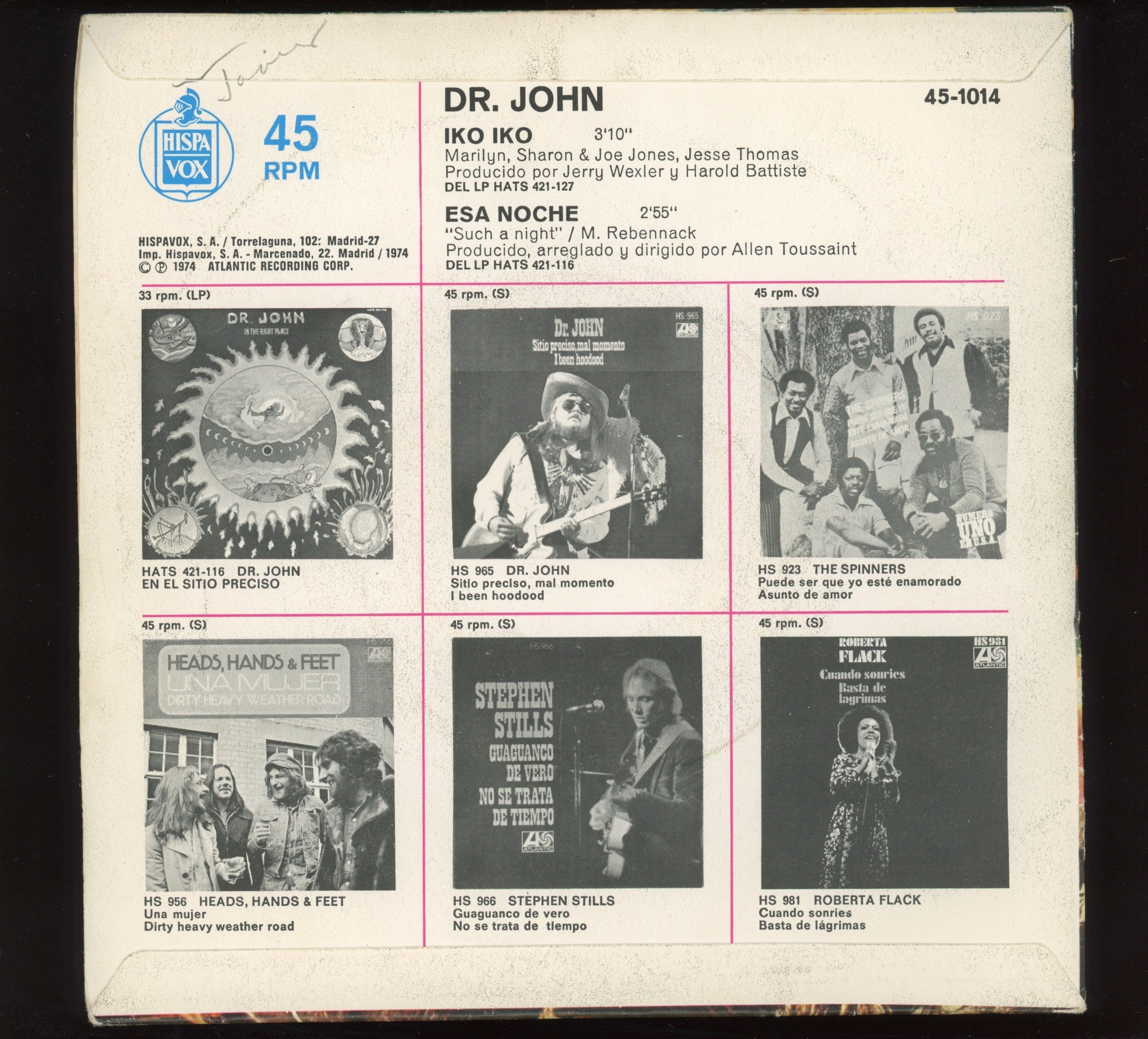 Dr. John - Iko Iko on Atlantic Spanish Press 45 With Picture Sleeve