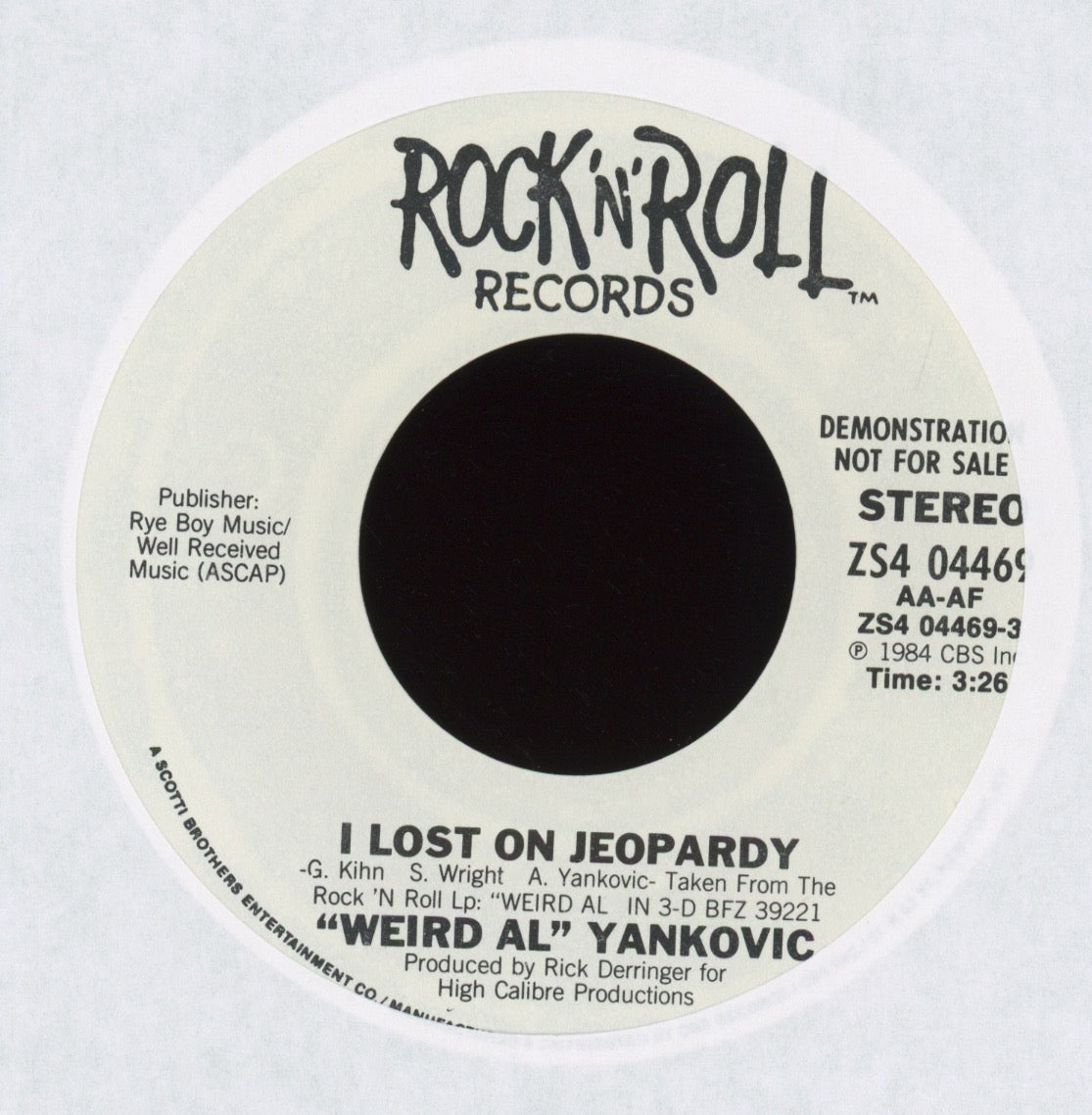 "Weird Al" Yankovic - I Lost On Jeopardy on Rock 'n' Roll Promo 45 With Picture Sleeve