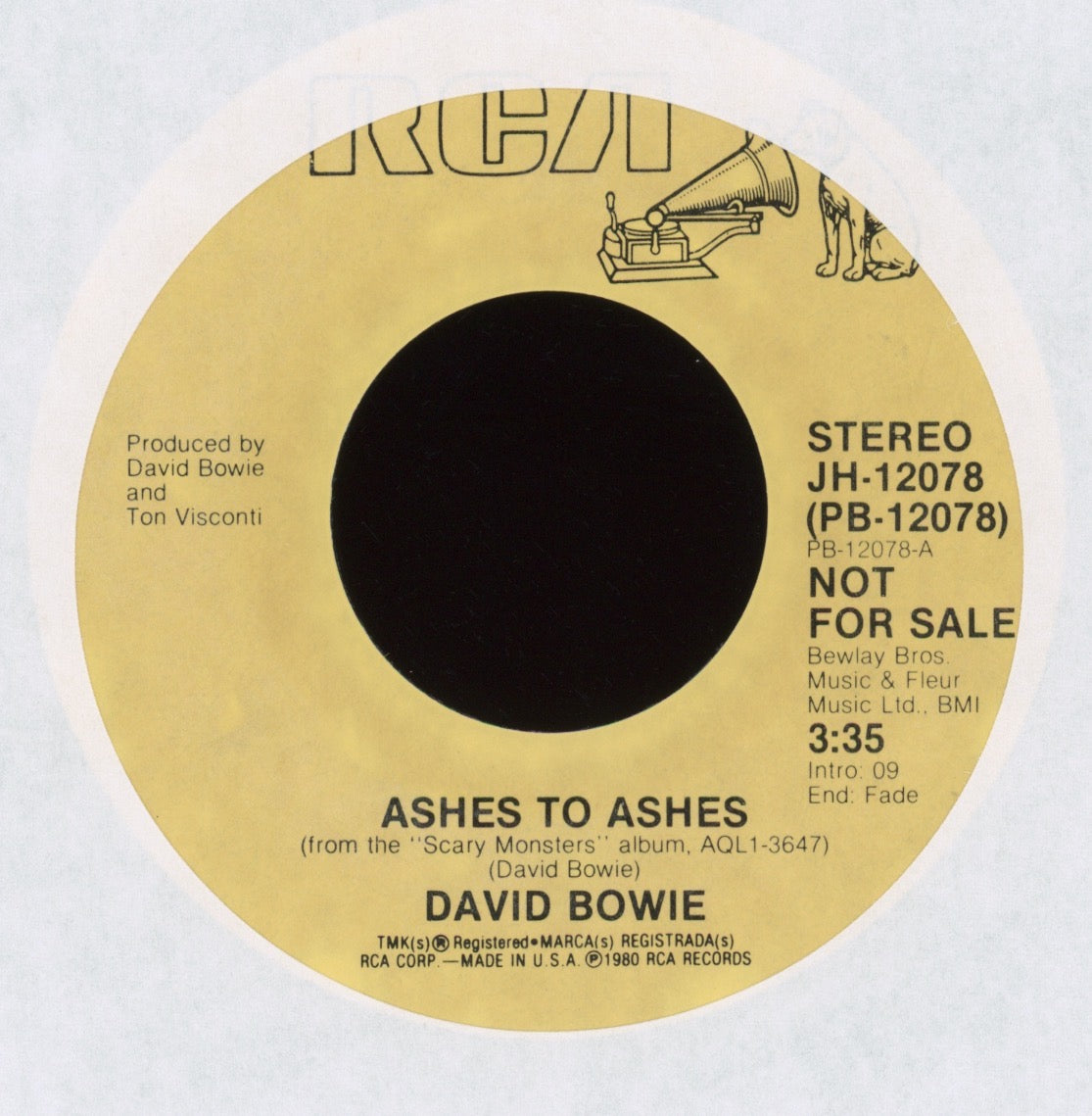 David Bowie - Ashes To Ashes on RCA Promo 45 With Picture Sleeve