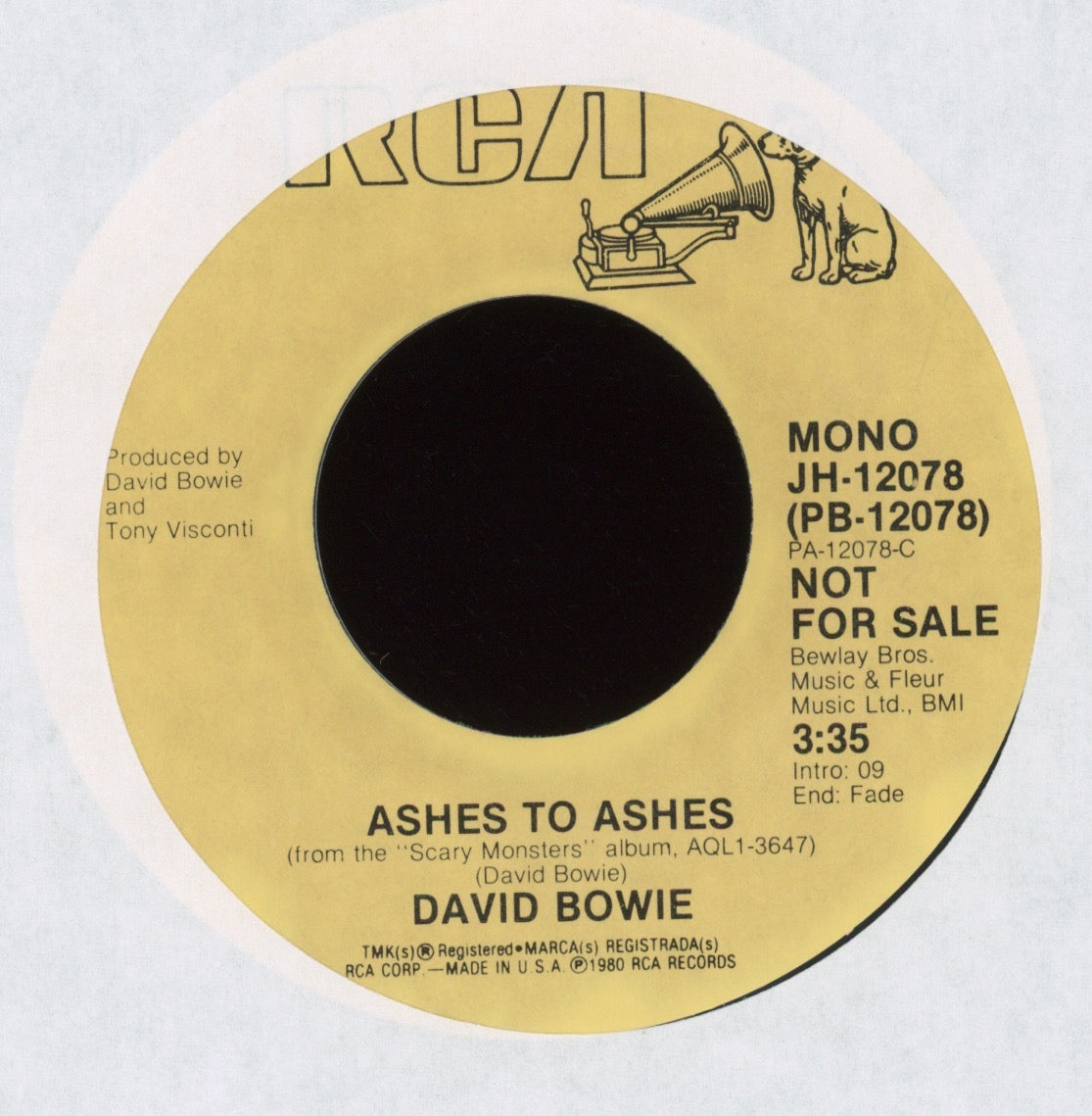 David Bowie - Ashes To Ashes on RCA Promo 45 With Picture Sleeve