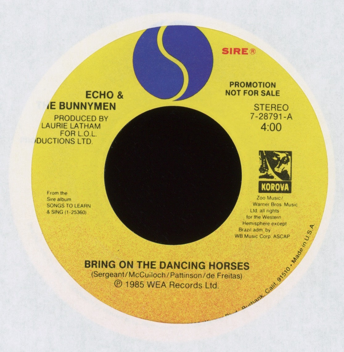 Echo & The Bunnymen - Bring On The Dancing Horses on Sire Promo 45 With Picture Sleeve