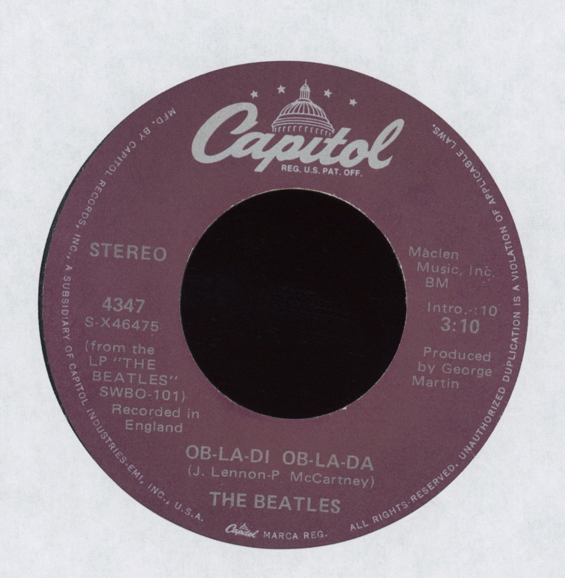 The Beatles - Ob-La-Di Ob-La-Da on Capitol Numbered Reissue 45 With Picture Sleeve