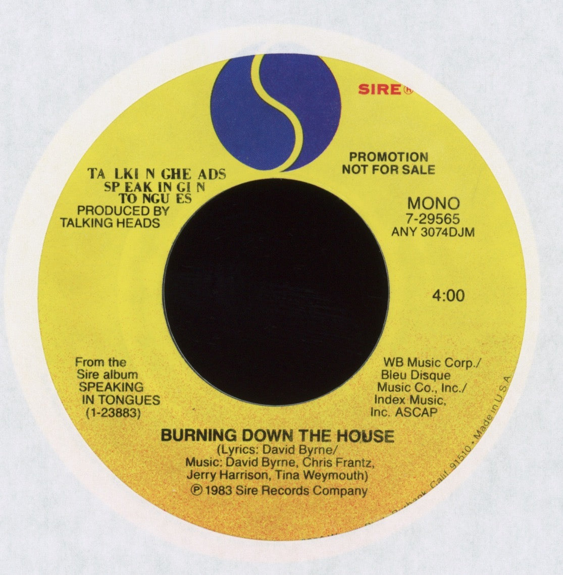 Talking Heads - Burning Down The House on Sire Promo 45 With Picture Sleeve