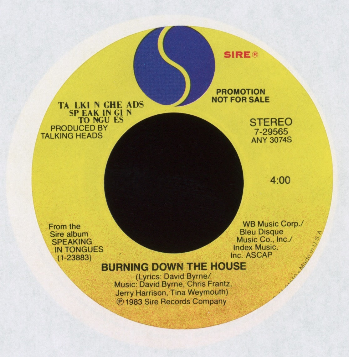 Talking Heads - Burning Down The House on Sire Promo 45 With Picture Sleeve
