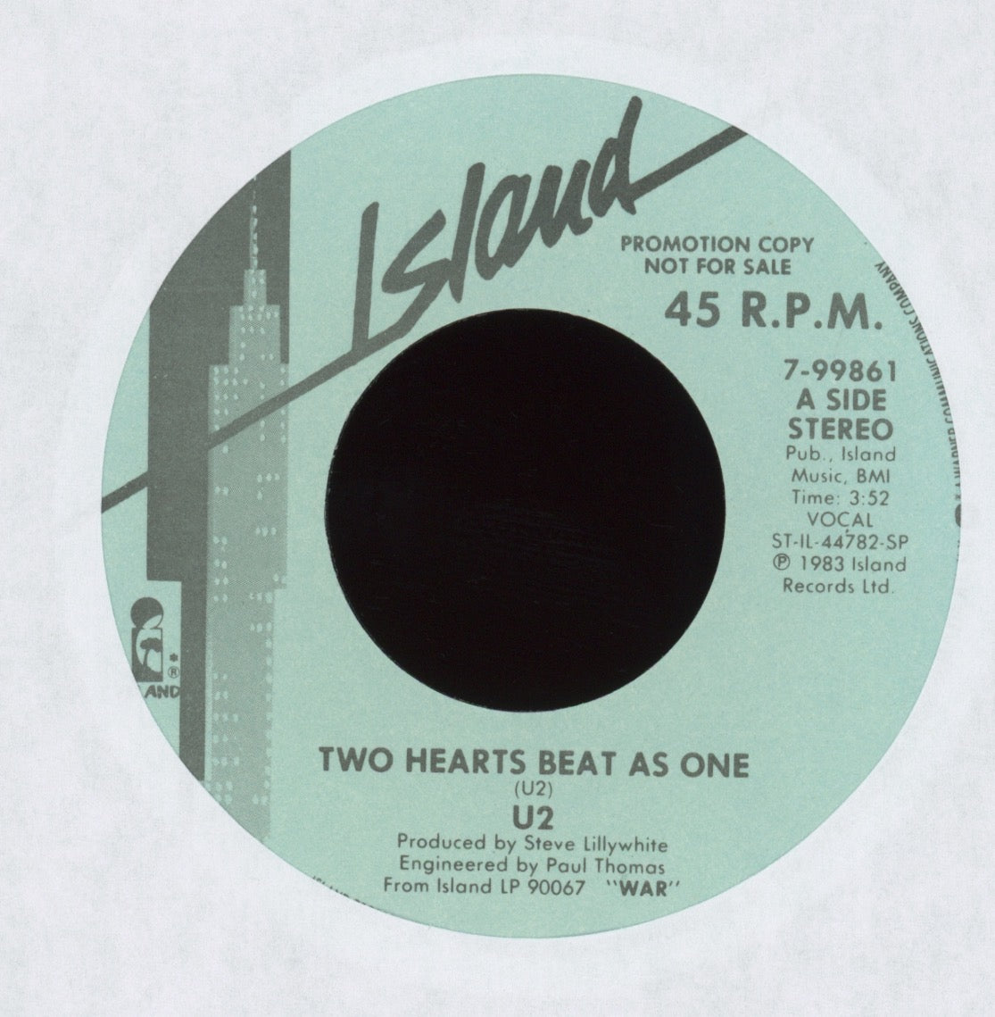 U2 - Two Hearts Beat As One on Island Promo 45 With Picture Sleeve