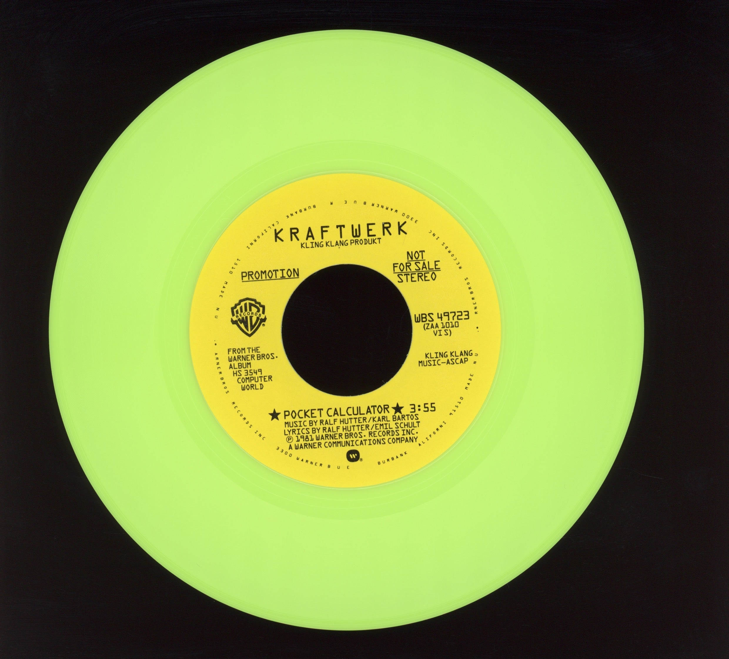 Kraftwerk - Pocket Calculator on WB Promo Fluorescent Green 45 With Picture Sleeve