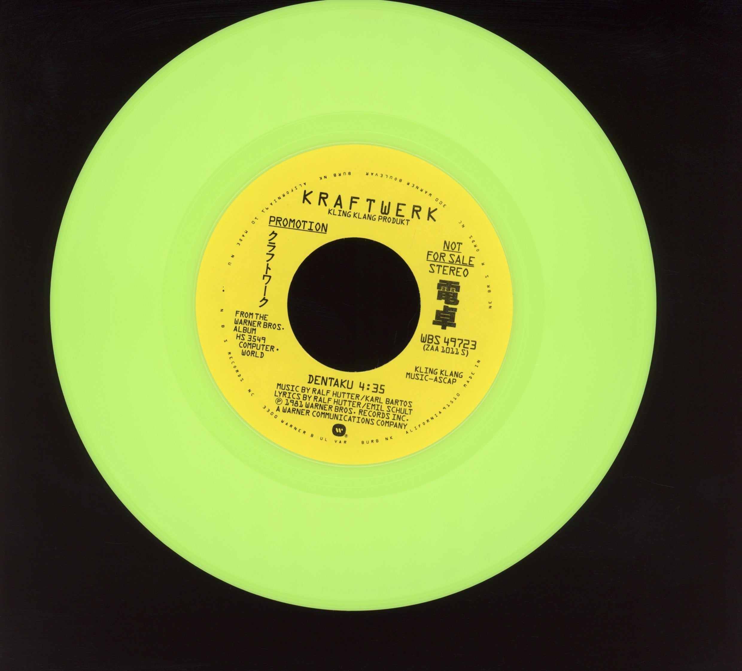Kraftwerk - Pocket Calculator on WB Promo Fluorescent Green 45 With Picture Sleeve