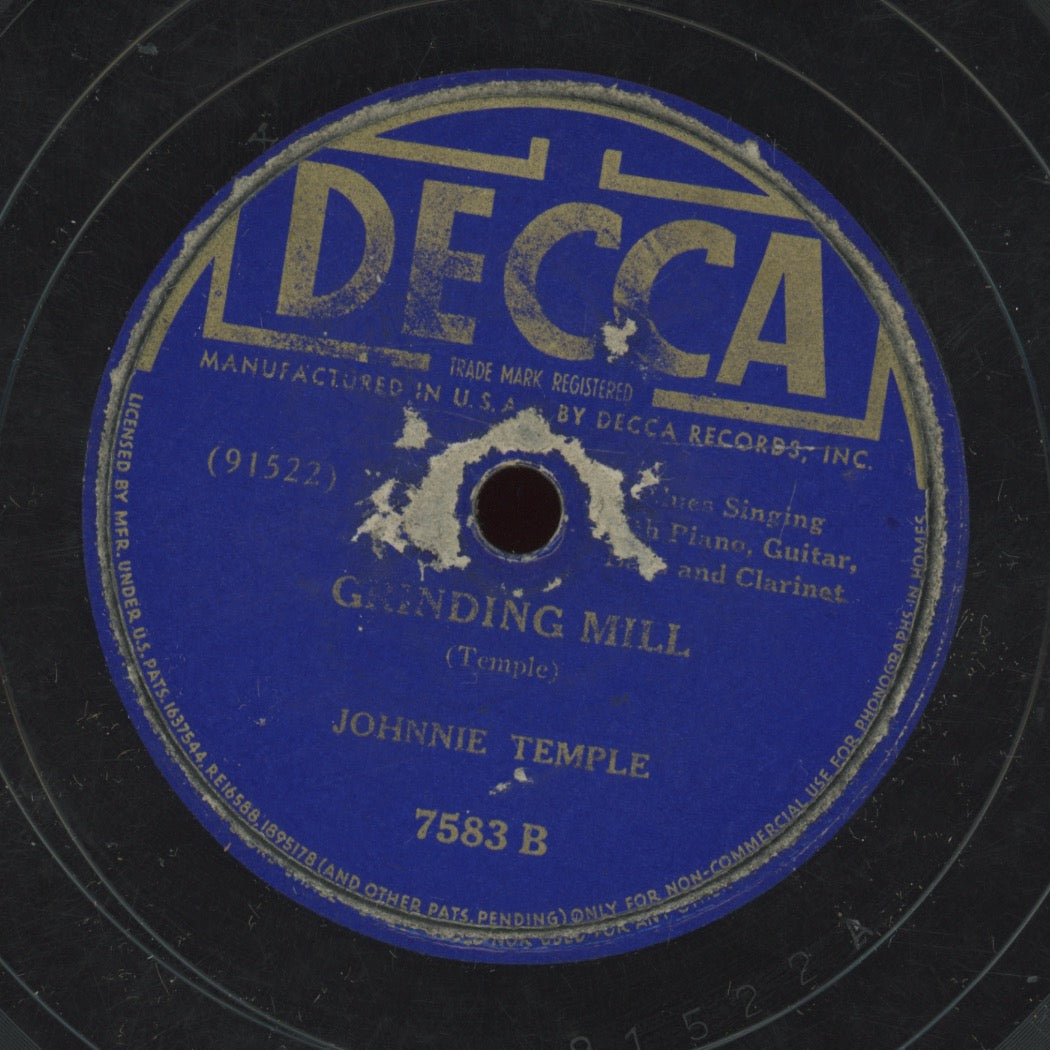 Pre-War Blues 78 - Johnny Temple - Better Not Let My Good Gal Catch You Here / Grinding Mill on Decca