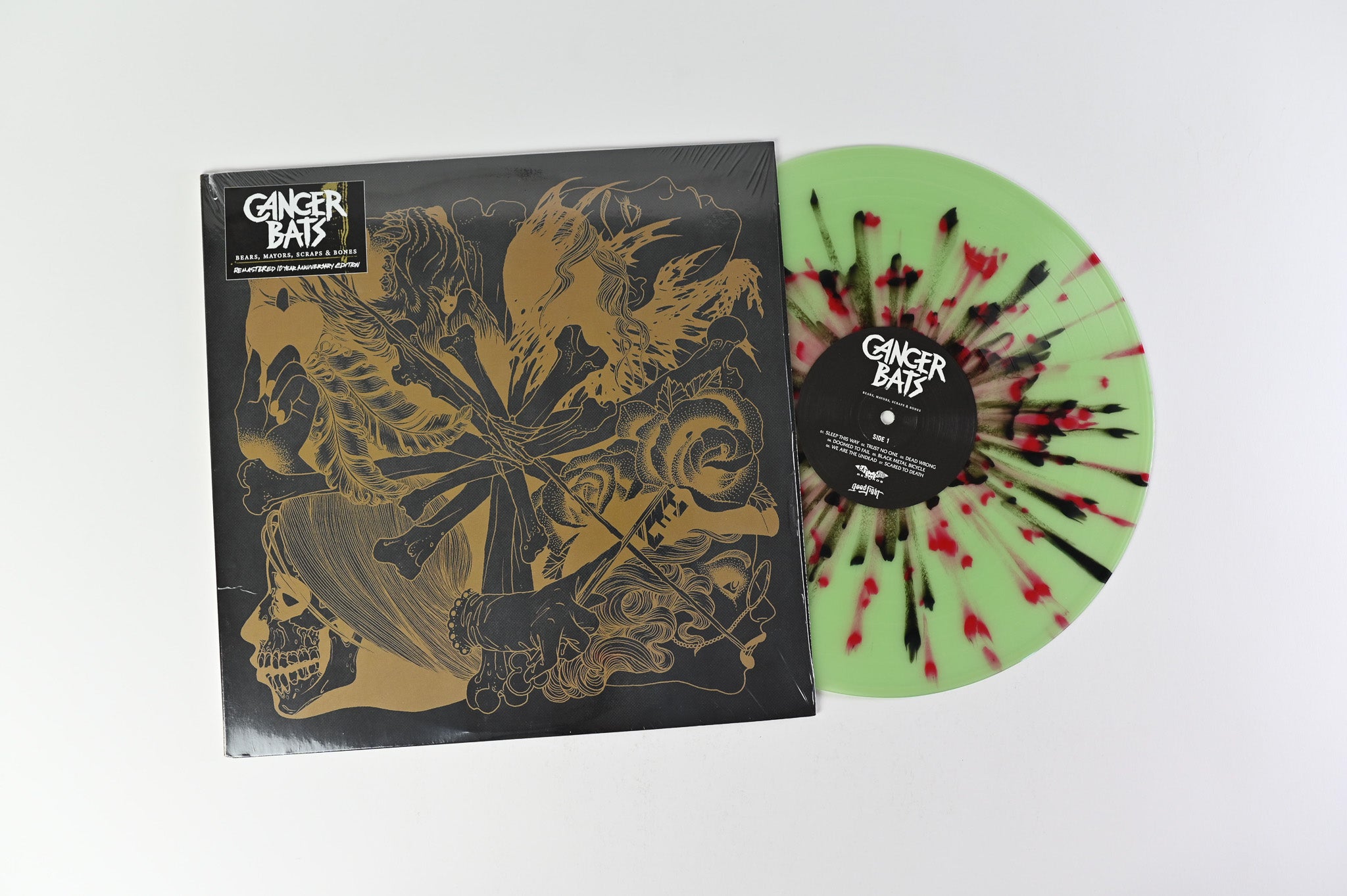 Cancer Bats - Bears, Mayors, Scraps & Bones on Bat Skull Ltd Light Green With Black & Red Splatter Reissue