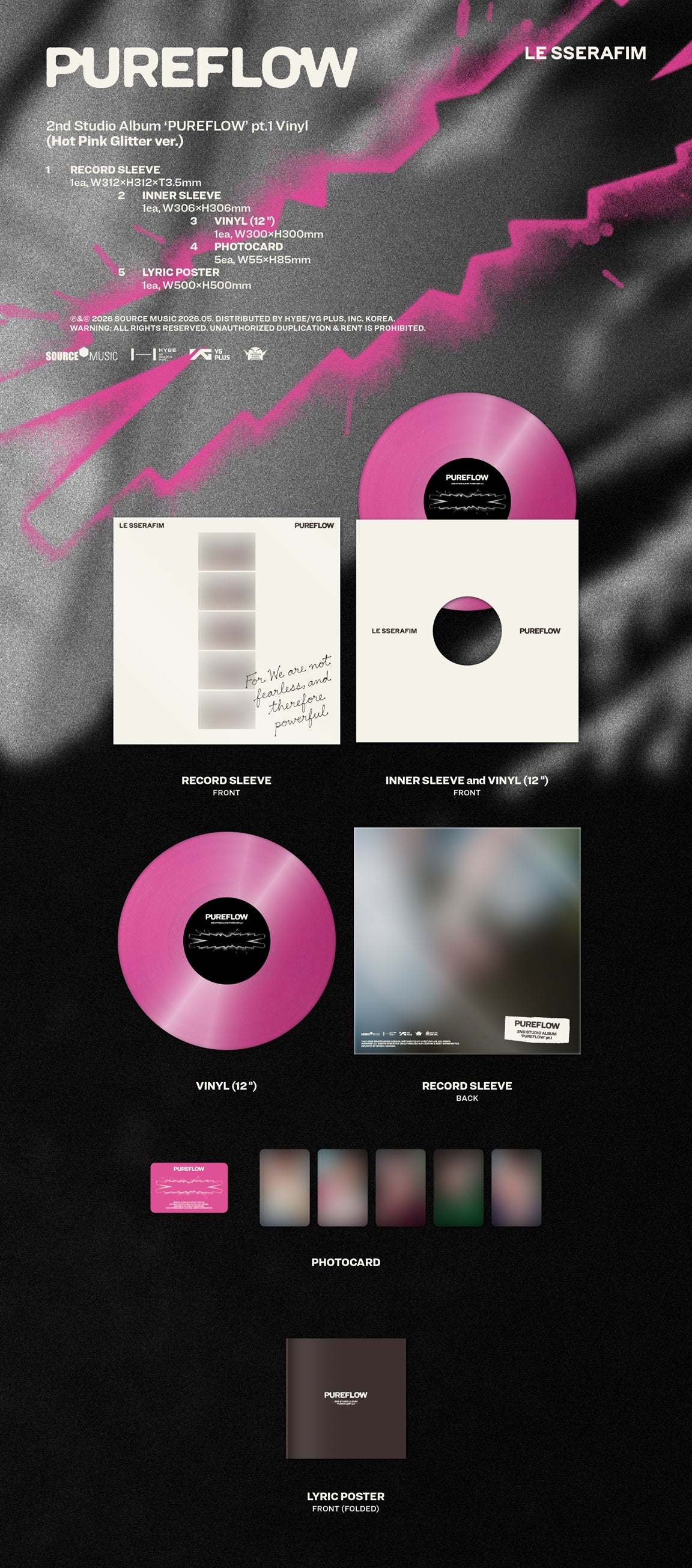 [DAMAGED] LE SSERAFIM - 2nd Studio Album ‘PUREFLOW’ pt.1 [Hot Pink Glitter Vinyl] [Indie-Exclusive]
