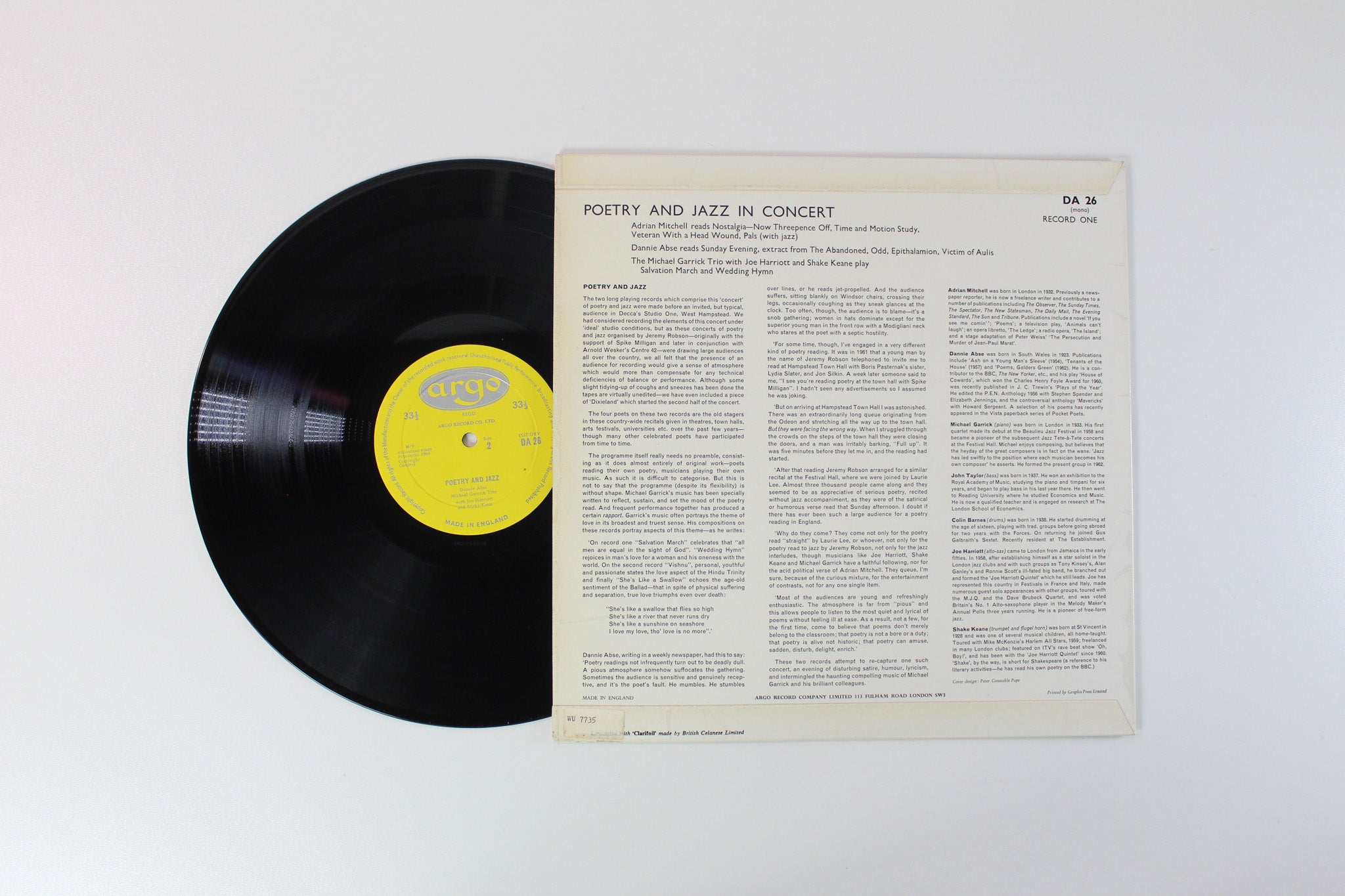 Dannie Abse - Poetry And Jazz In Concert - Record One on Argo Mono