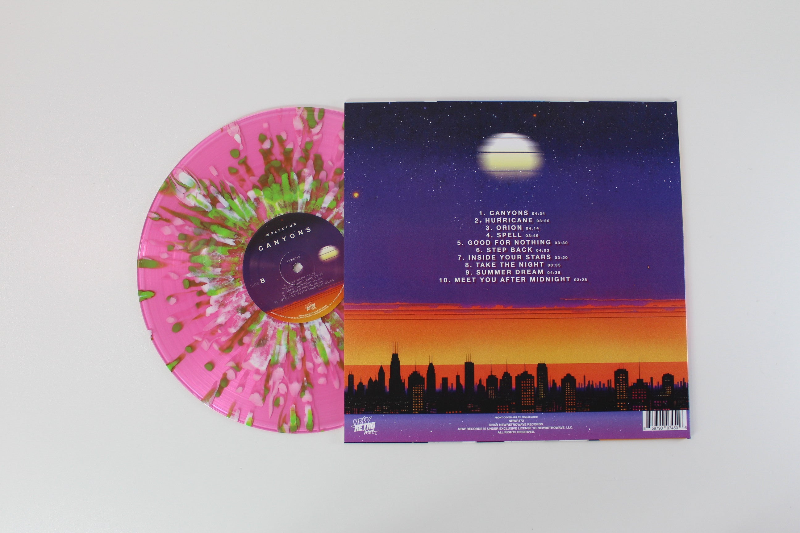 Wolfclub - Canyons on NewRetroWave Ltd. Pink w/ White & Lime Green Splatter Vinyl