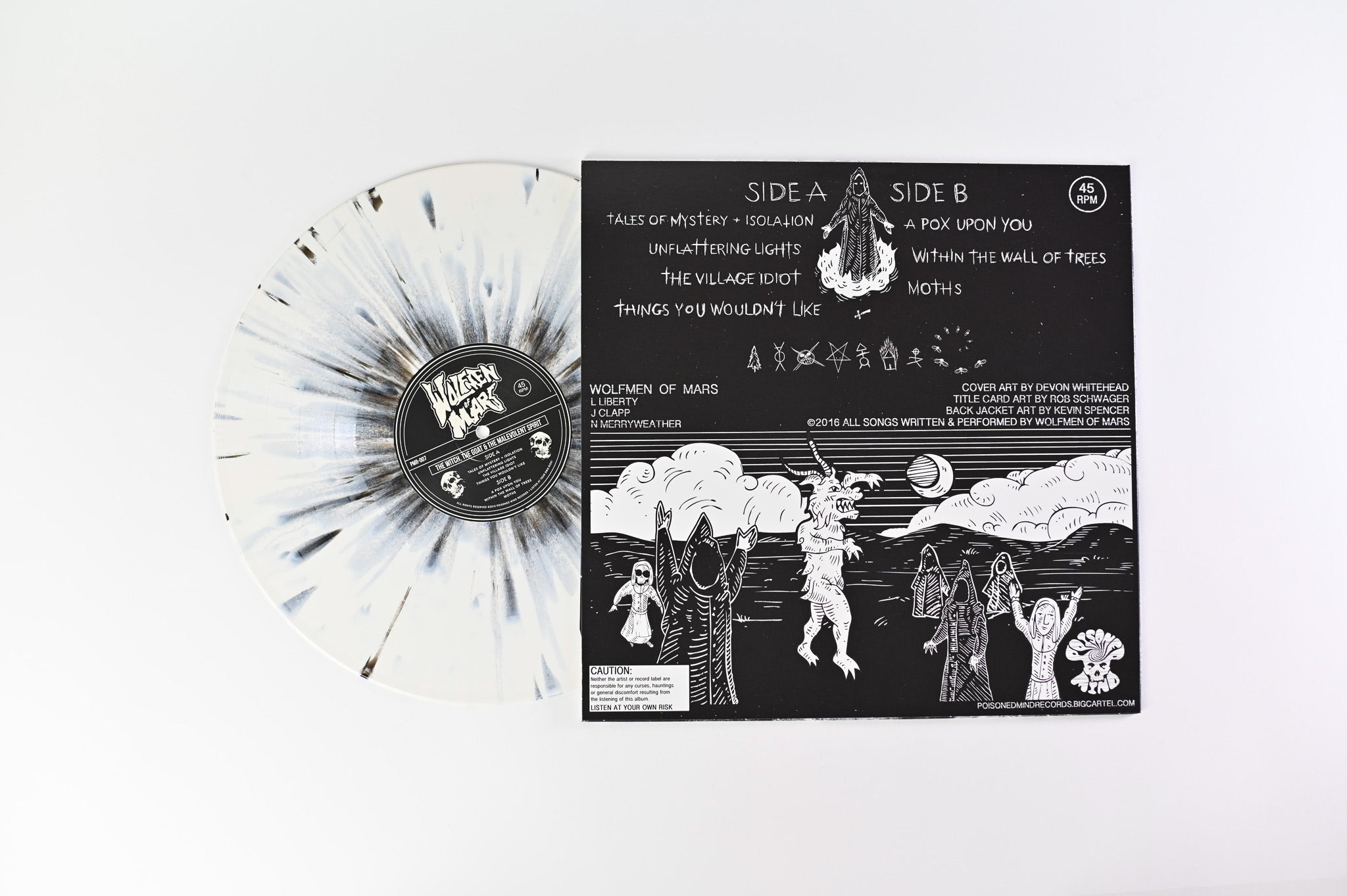 Wolfmen Of Mars - The Witch, The Goat & The Malevolent Spirit on Poisoned Mind Records - White with black splatter vinyl