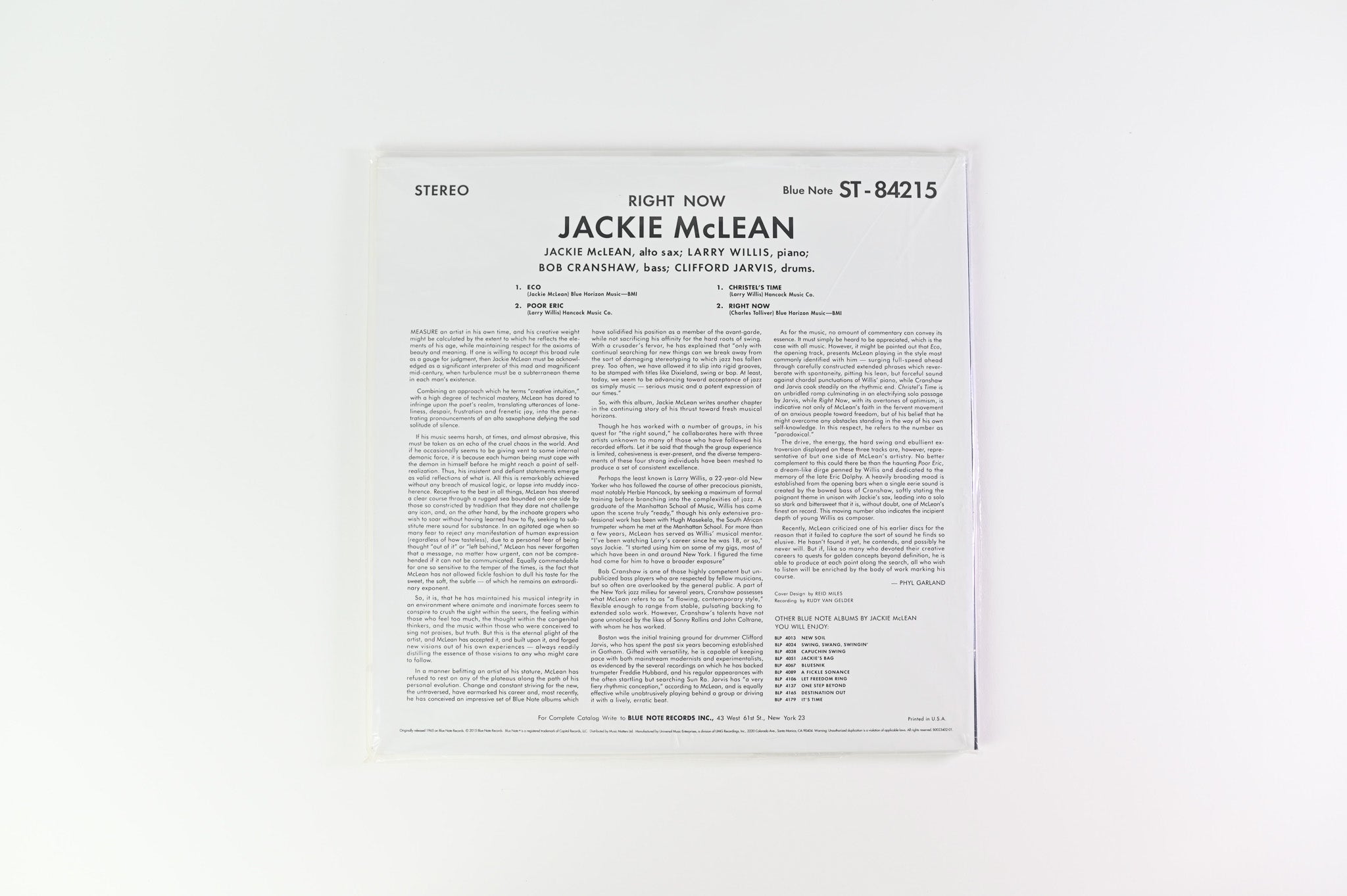Jackie McLean - Right Now! on Blue Note Ltd 180 Gram Music Matters Reissue Sealed