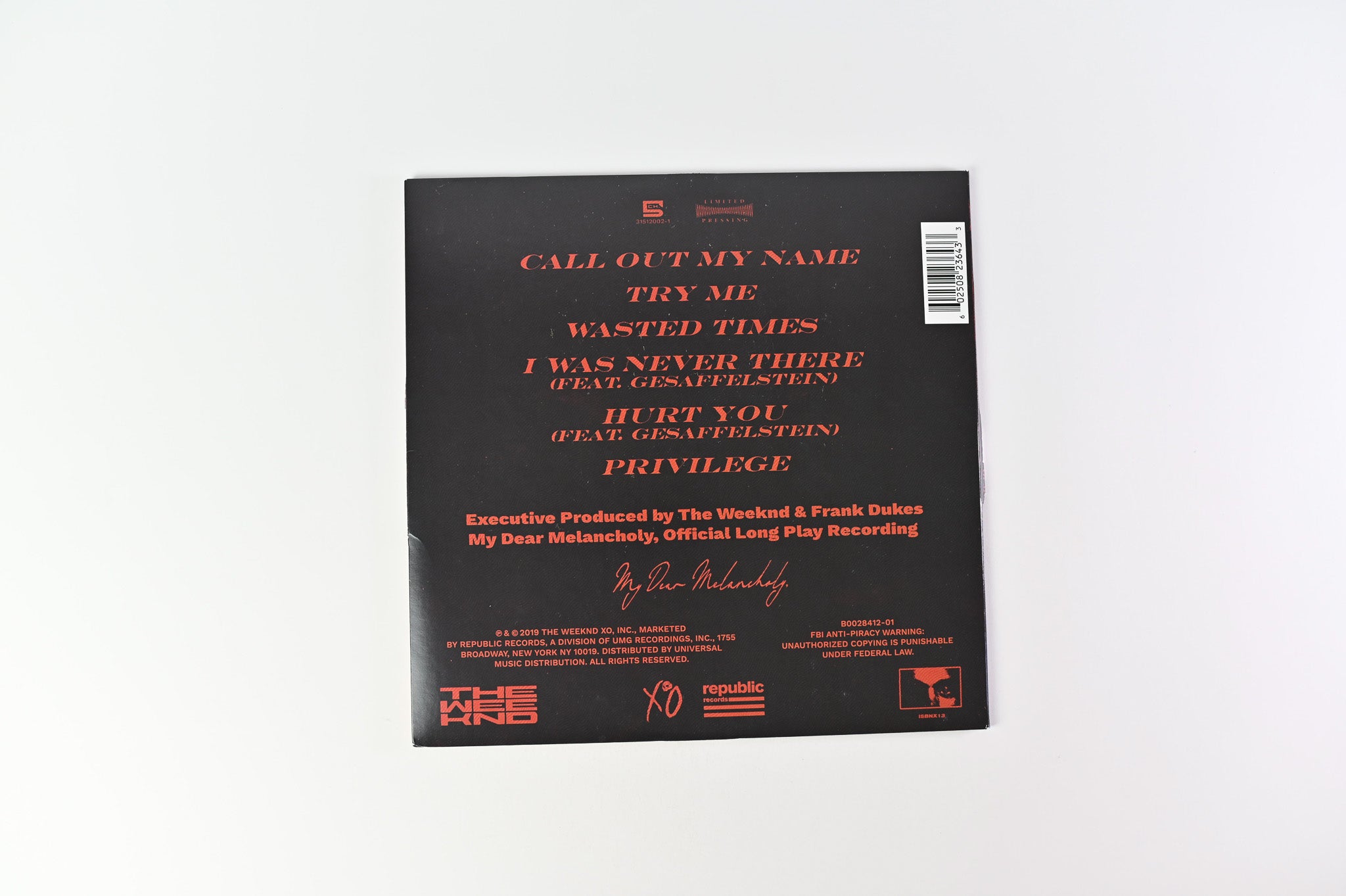 The Weeknd - My Dear Melancholy on XO Ltd RSD 2020 Single Sided Etched Reissue