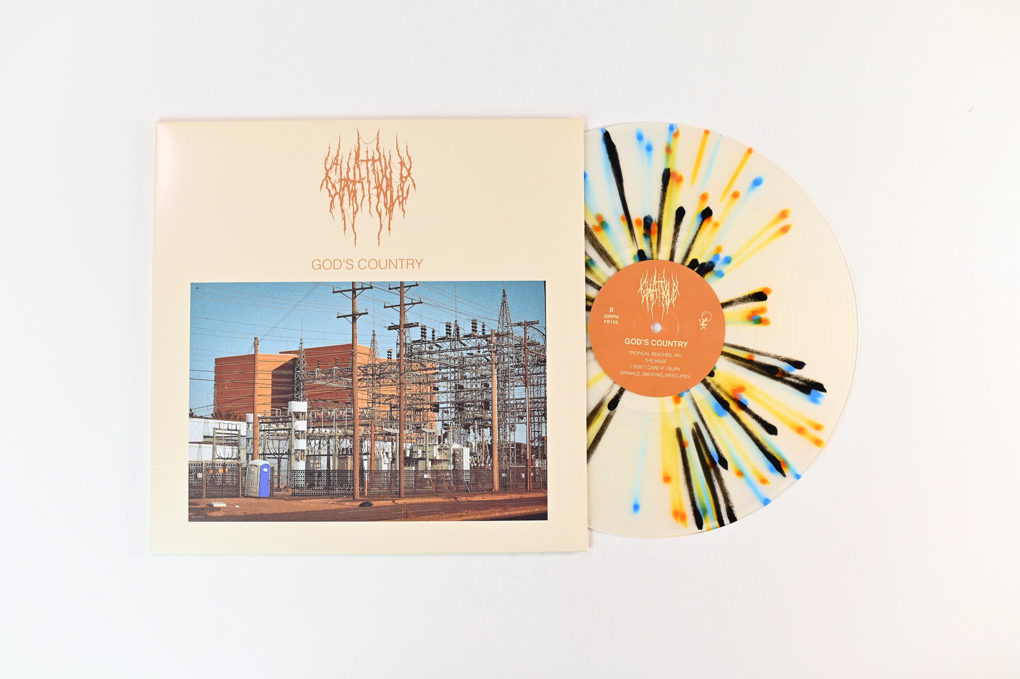 Chat Pile - God's Country on Flenser Ltd Milky Clear w/ Black / Blue & Orange Splatter