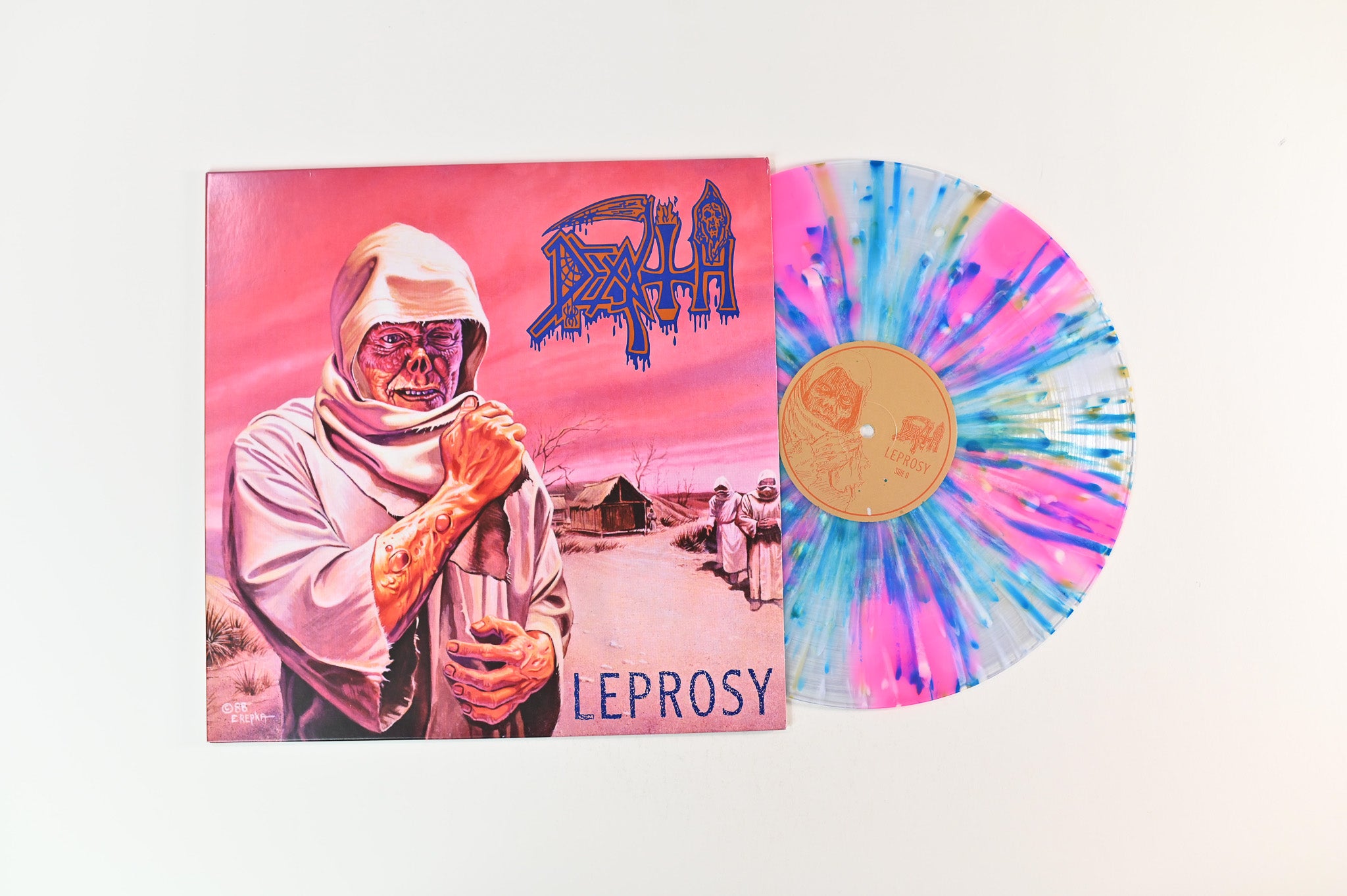 Death - Leprosy on Relapse Ltd Clear With Neon Pink Pinwheels And Yellow And Blue Splatter Reissue