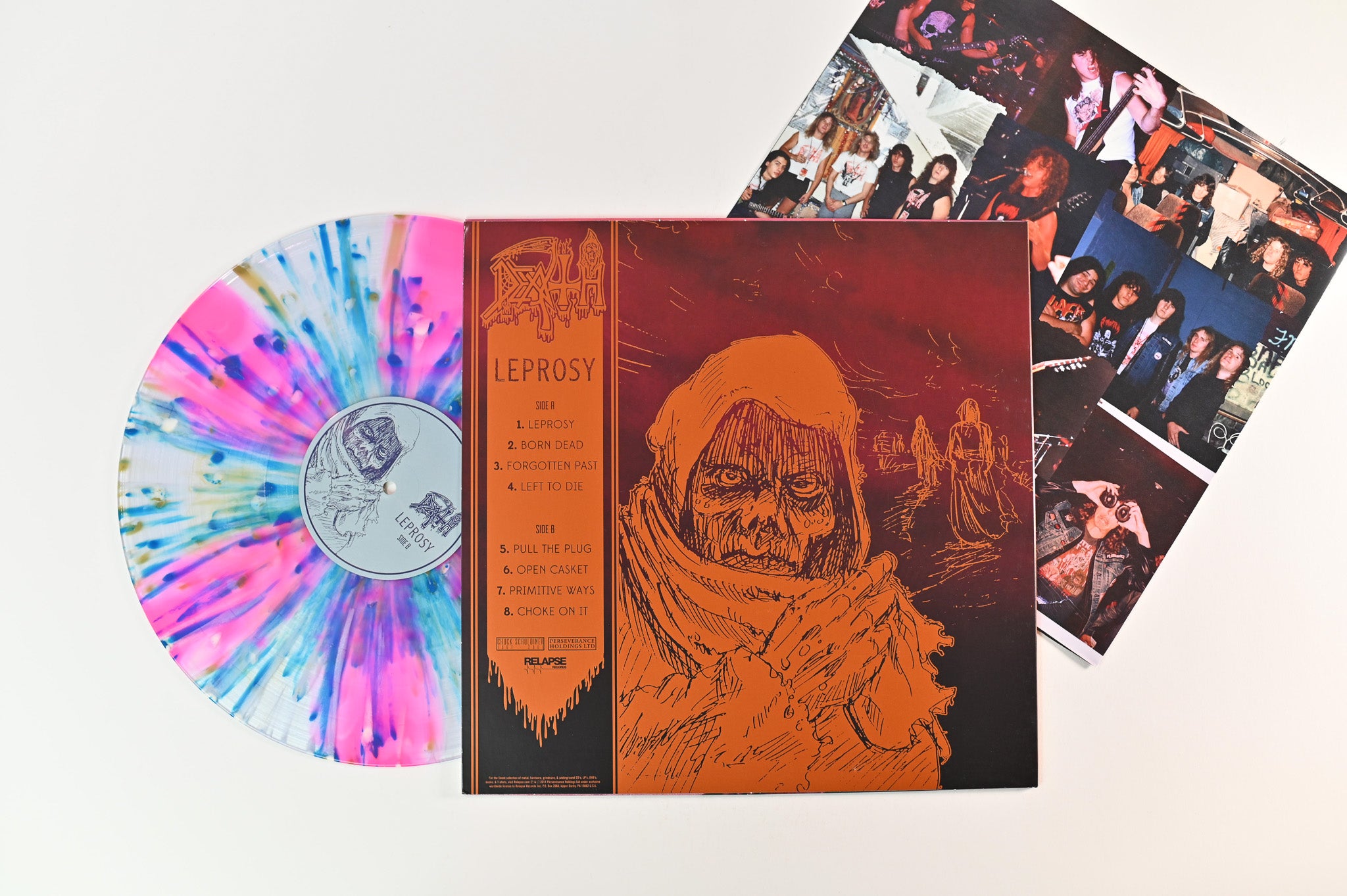 Death - Leprosy on Relapse Ltd Clear With Neon Pink Pinwheels And Yellow And Blue Splatter Reissue