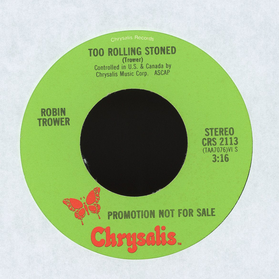 Robin Trower - Too Rolling Stoned on Chrysalis Promo Rock 45