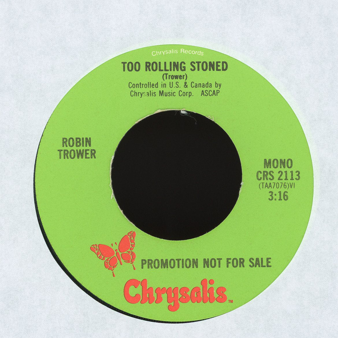 Robin Trower - Too Rolling Stoned on Chrysalis Promo Rock 45