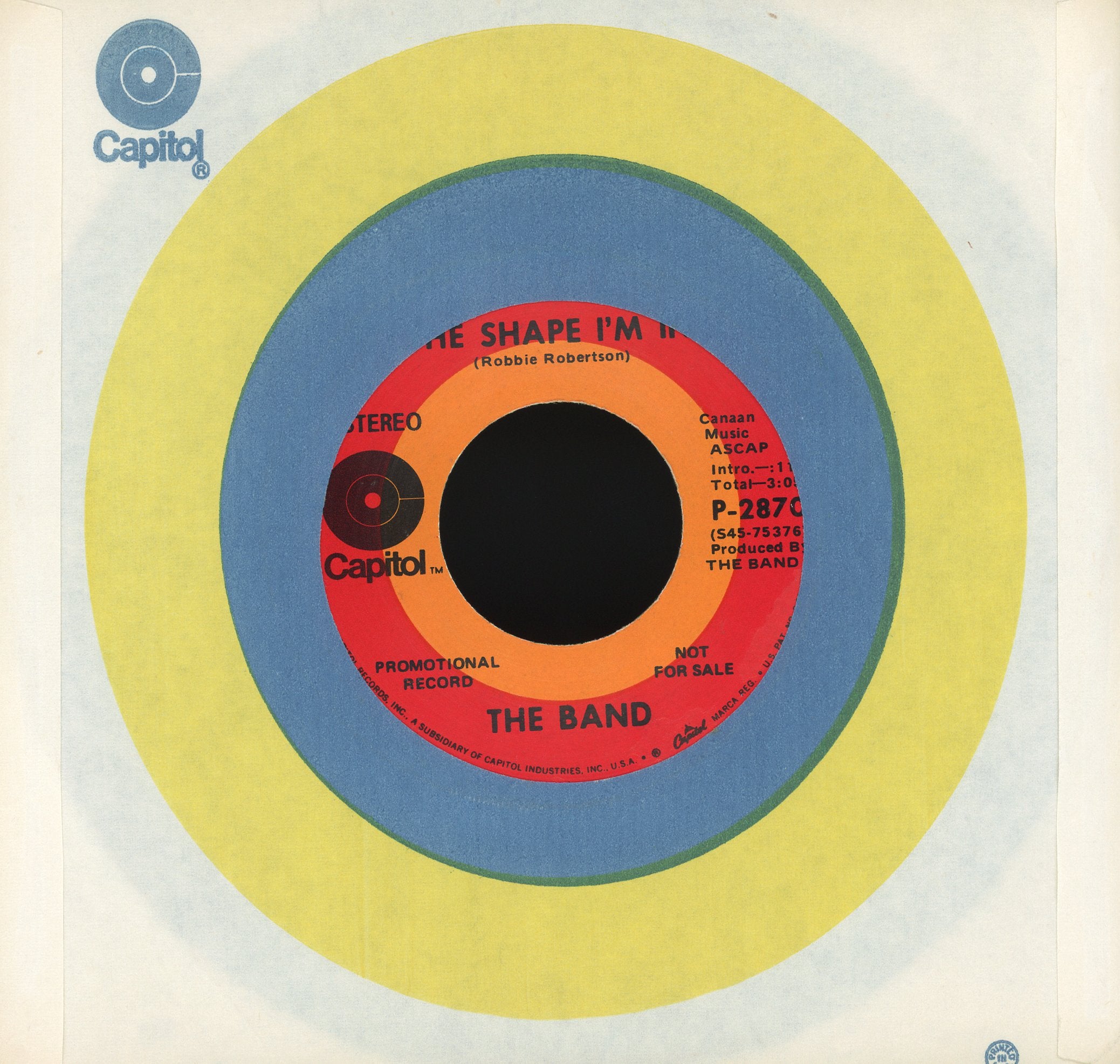 The Band - Time To Kill / The Shape I'm In on Capitol Records Promo Rock 45