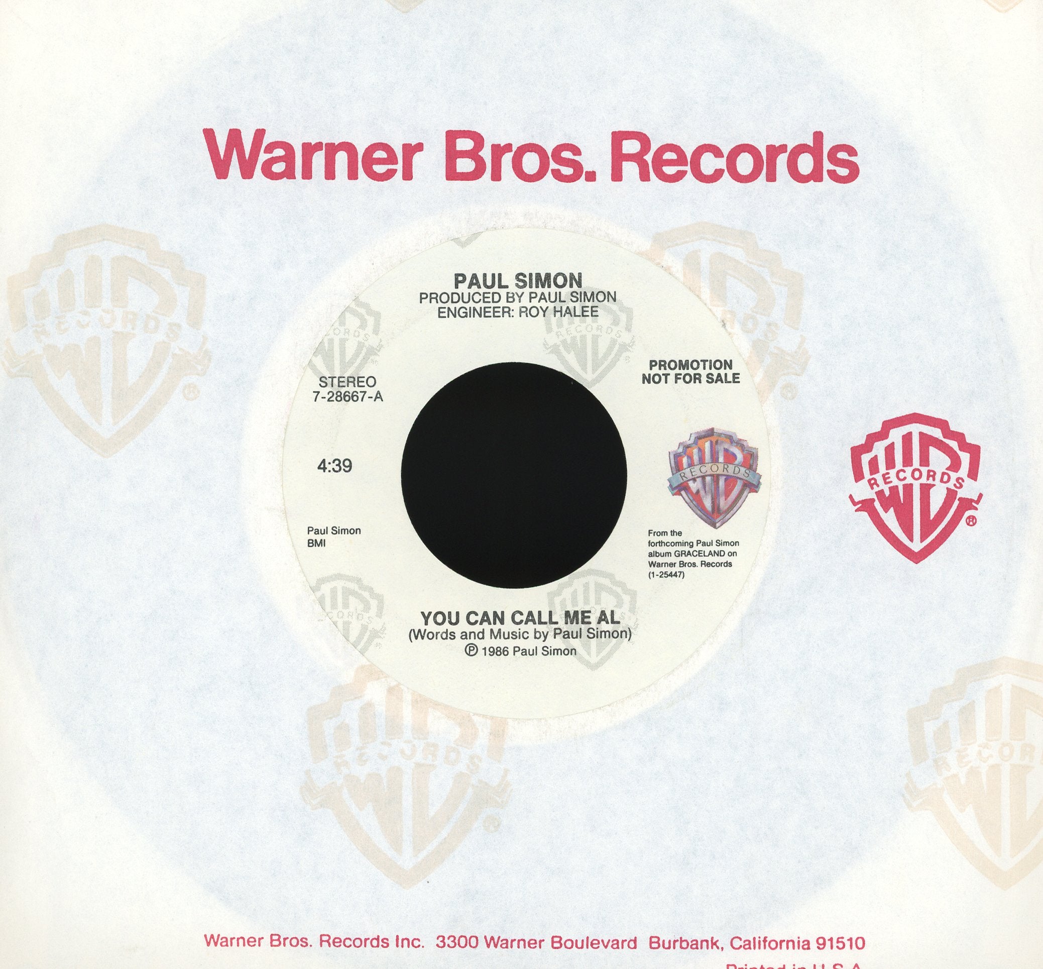 Paul Simon - You Can Call Me Al on Warner Bros. Records Promo Rock 45
