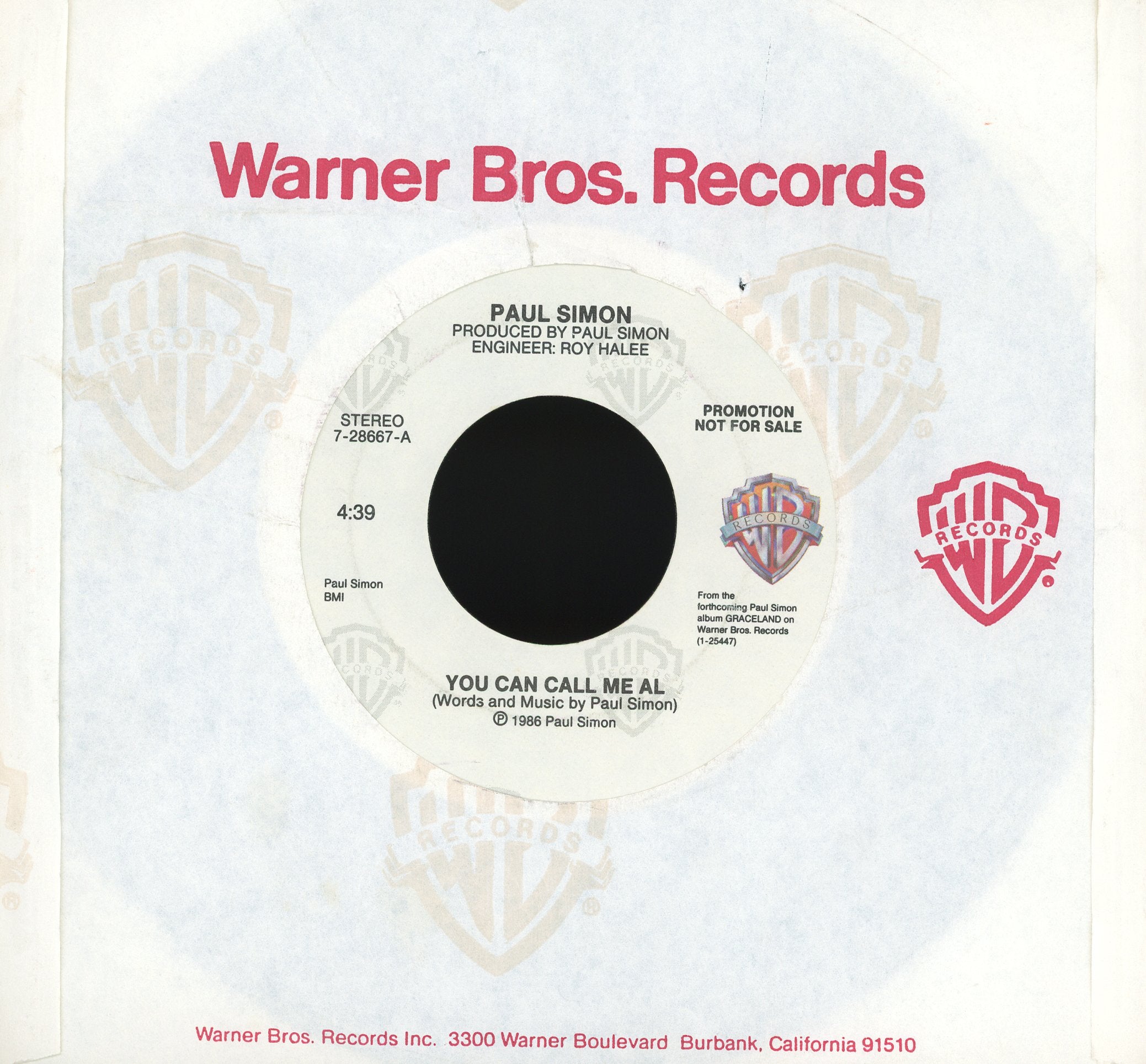 Paul Simon - You Can Call Me Al on Warner Bros. Records Promo Rock 45