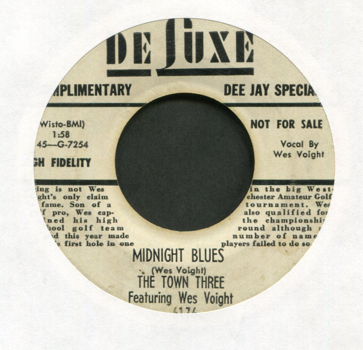 The Town Three - Midnight Blues on DeLuxe Bio Promo Rockabilly 45