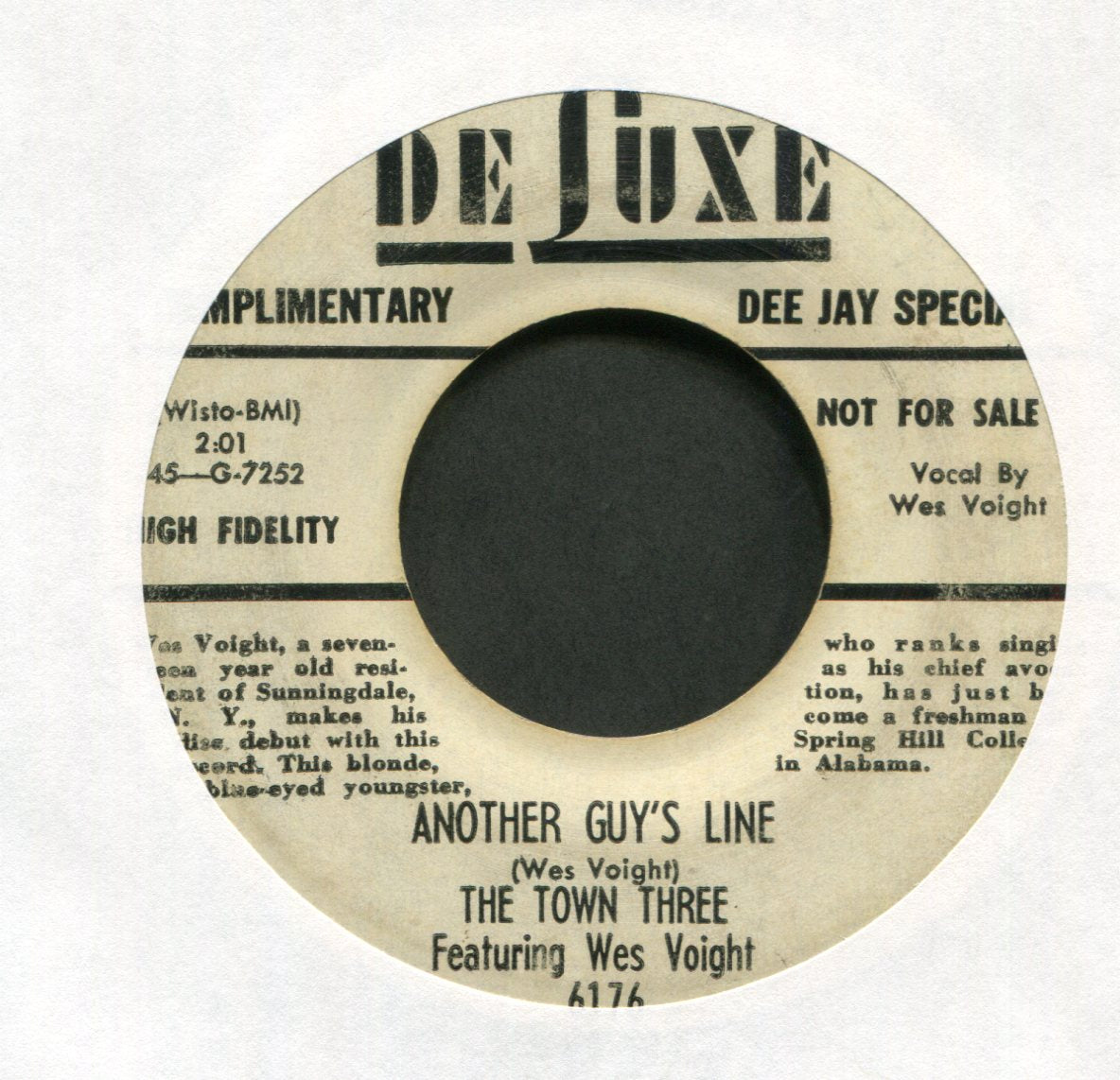 The Town Three - Midnight Blues on DeLuxe Bio Promo Rockabilly 45