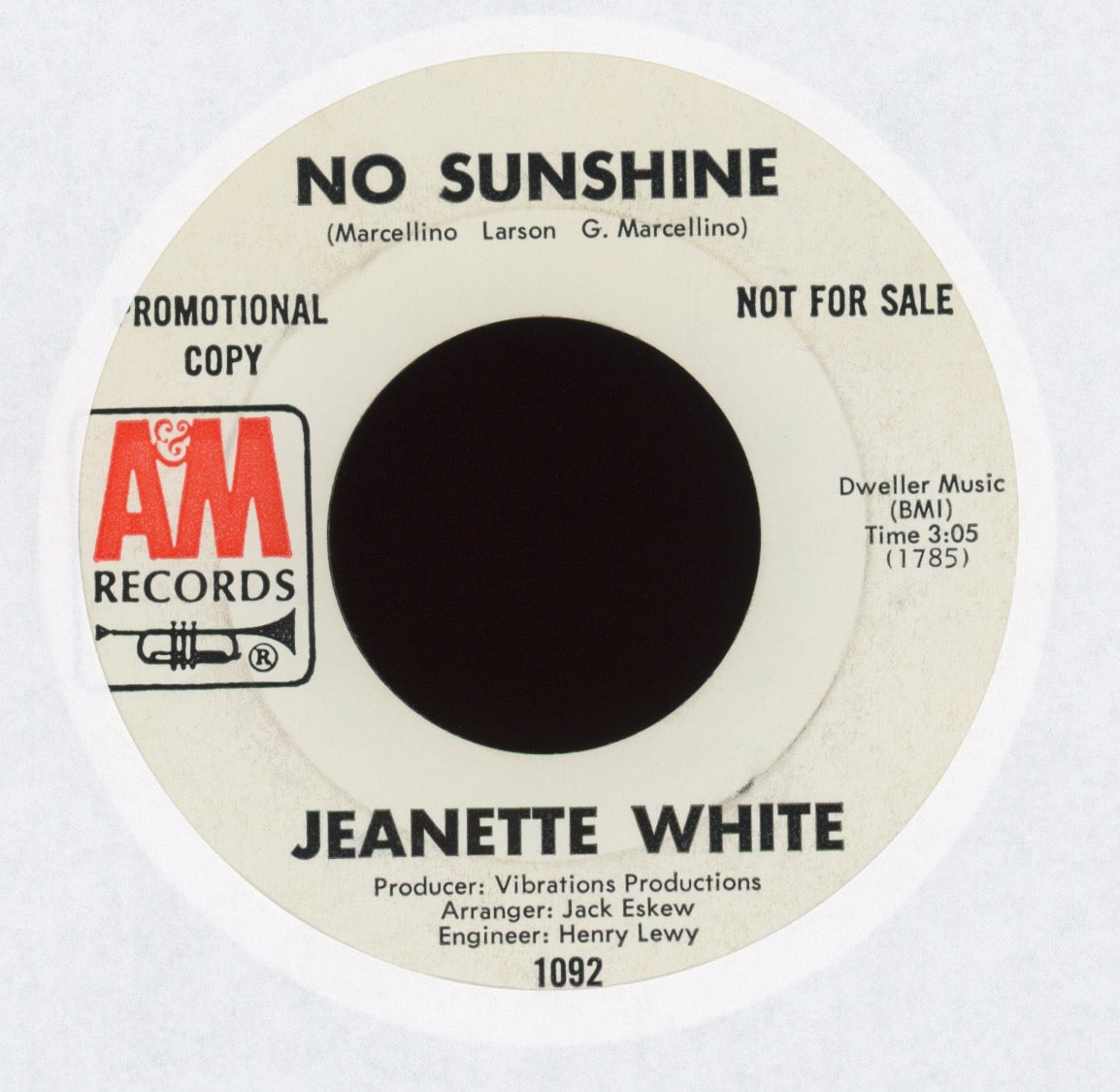 Jeanette White - No Sunshine on A&M Promo