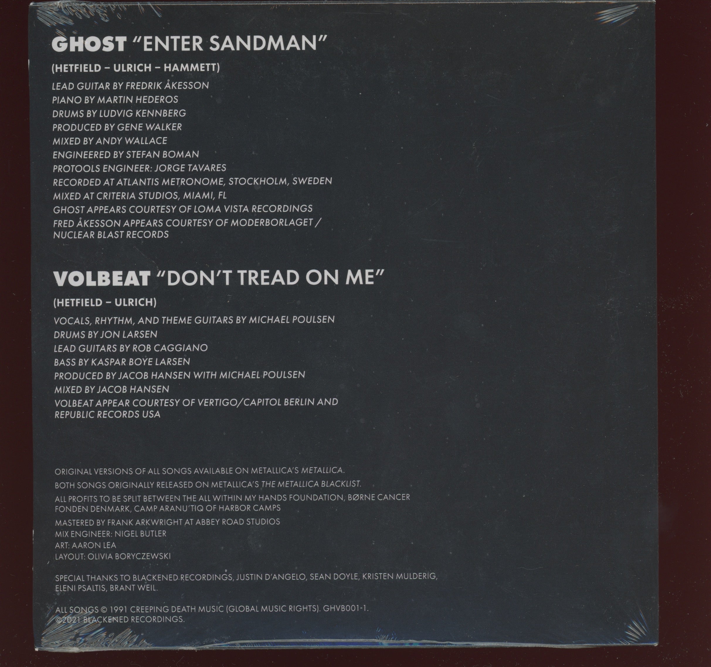 Ghost / Volbeat - Enter Sandman / Don't Tread On Me on Blackened Ltd Edition Clear Sealed