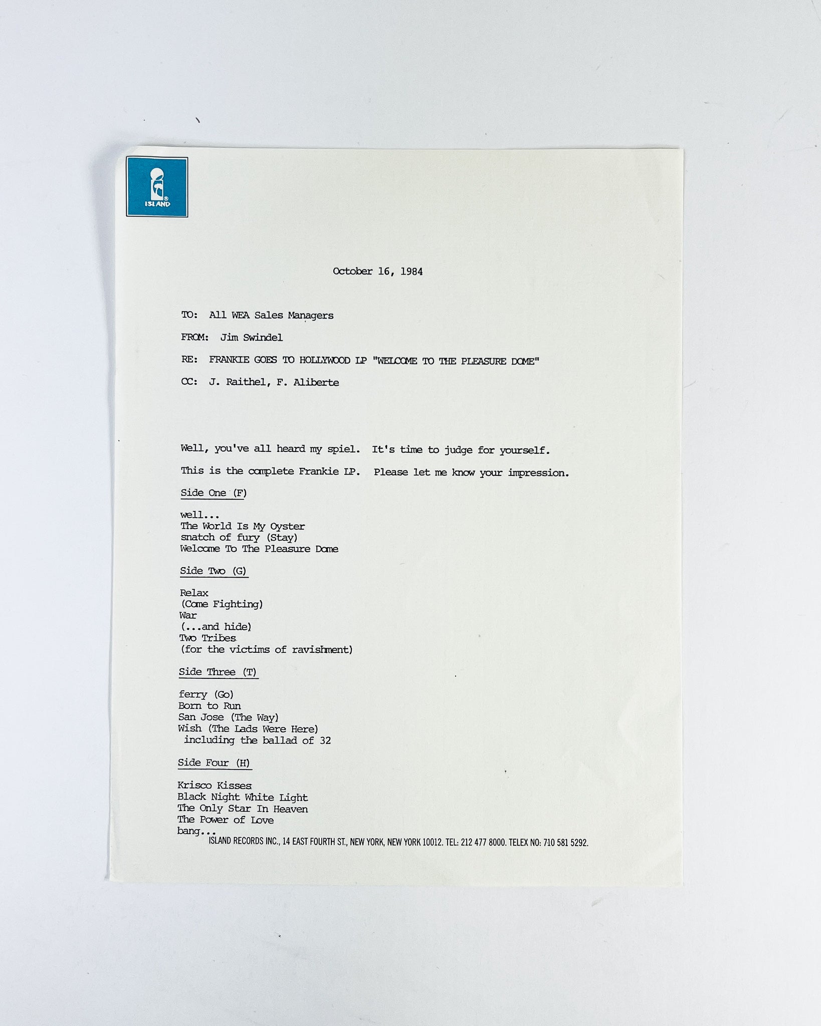 Frankie Goes To Hollywood - Welcome To The Pleasure Dome TEST PRESSING on Island Records