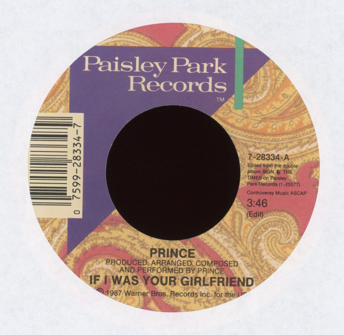 Prince - If I Was Your Girlfriend on Paisley Park With Picture Sleeve