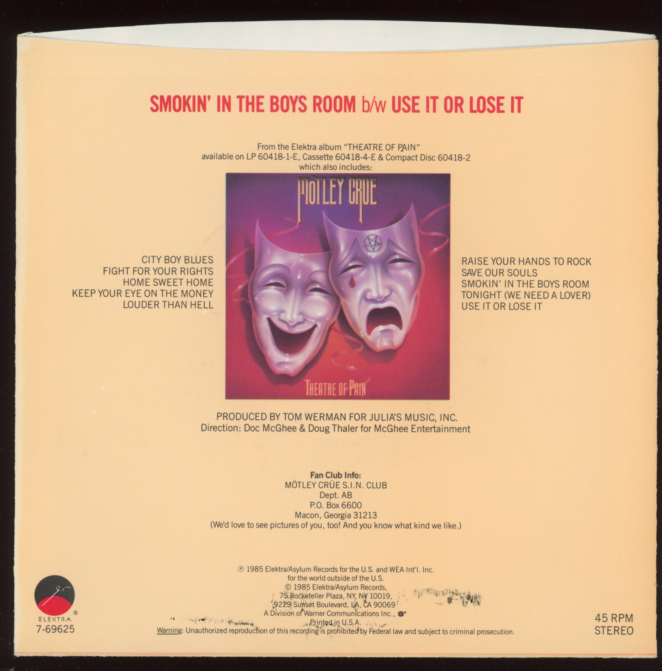 Mötley Crüe - Smokin' In The Boys Room on Elektra With Picture Sleeve