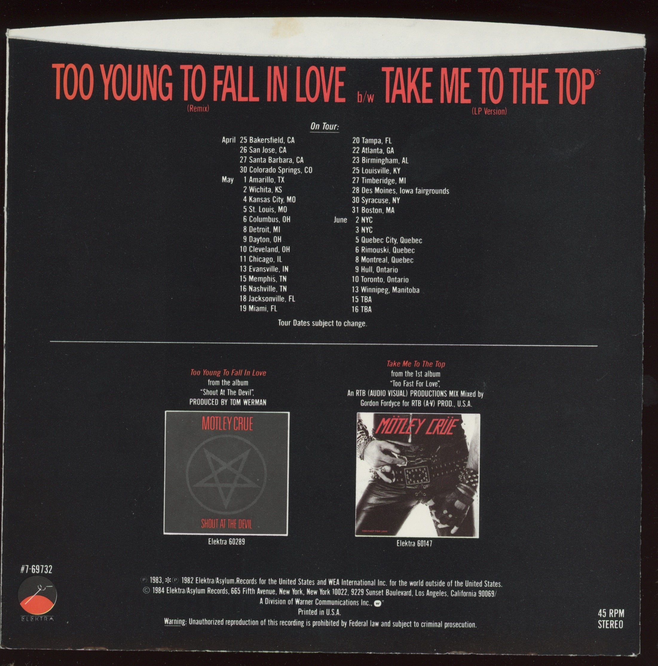 Mötley Crüe - Too Young To Fall In Love (Remix) on Elektra With Picture Sleeve