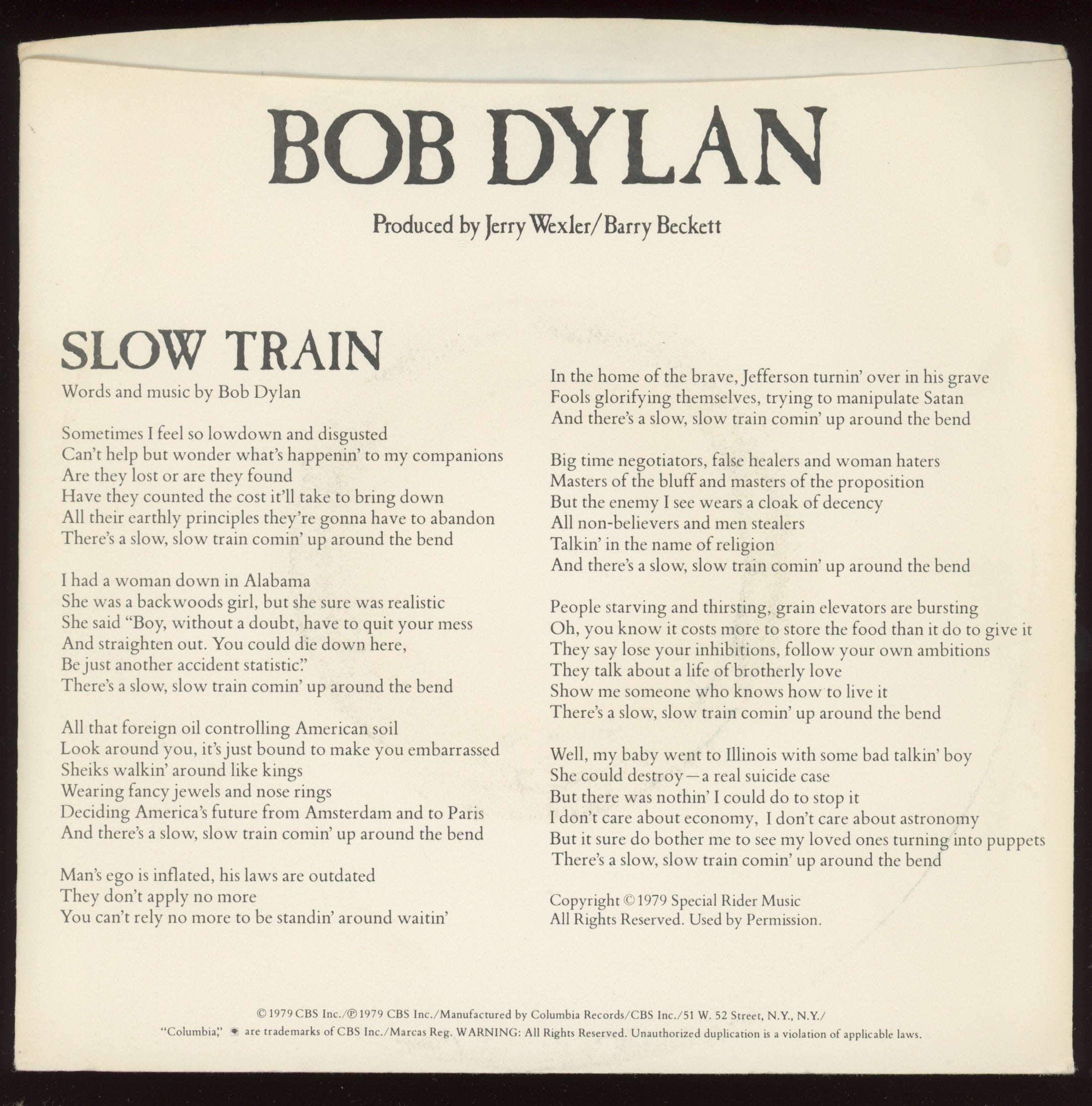 Bob Dylan - Slow Train on Columbia With Picture Sleeve