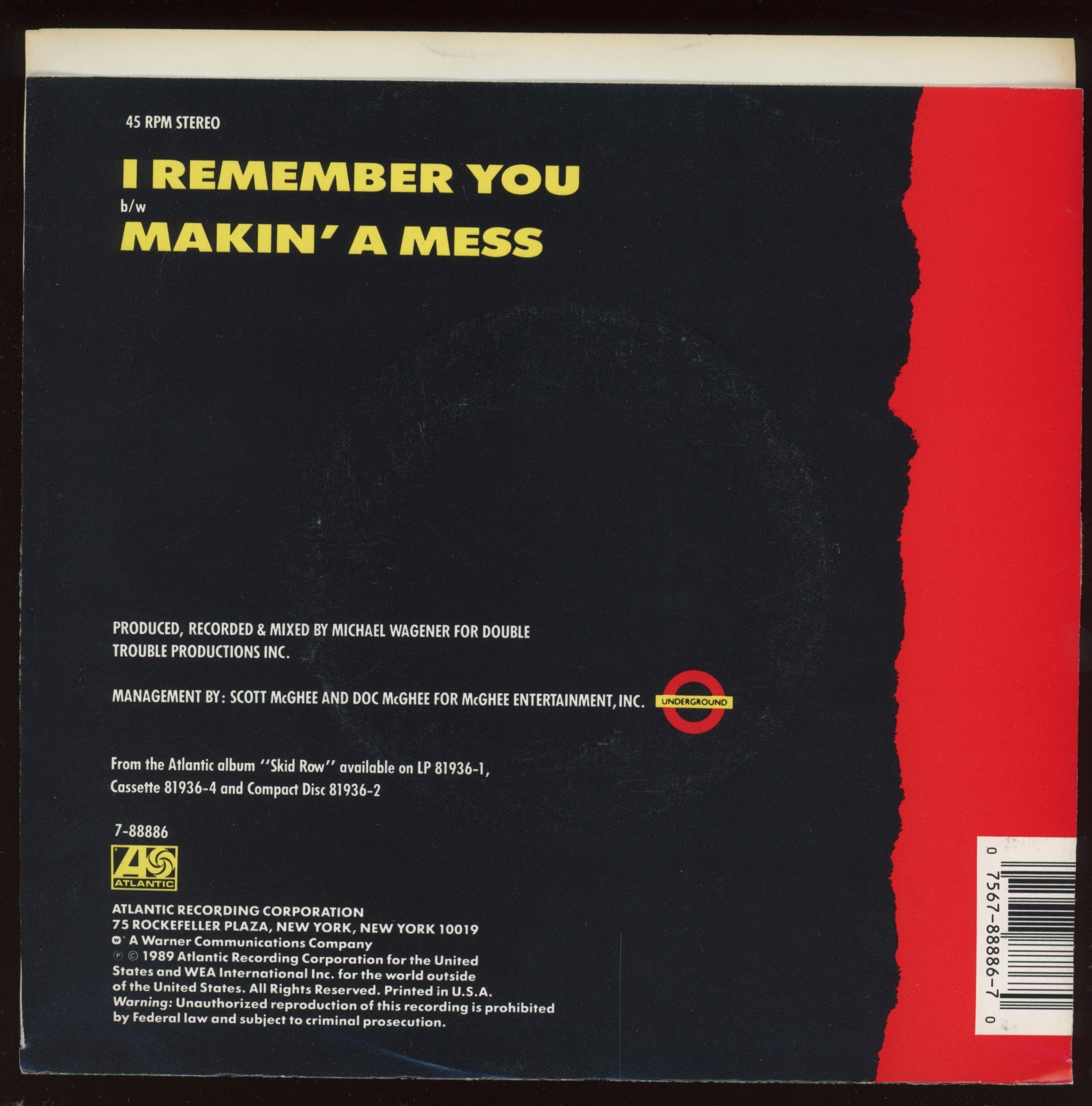 Skid Row - I Remember You on Atlantic With Picture Sleeve