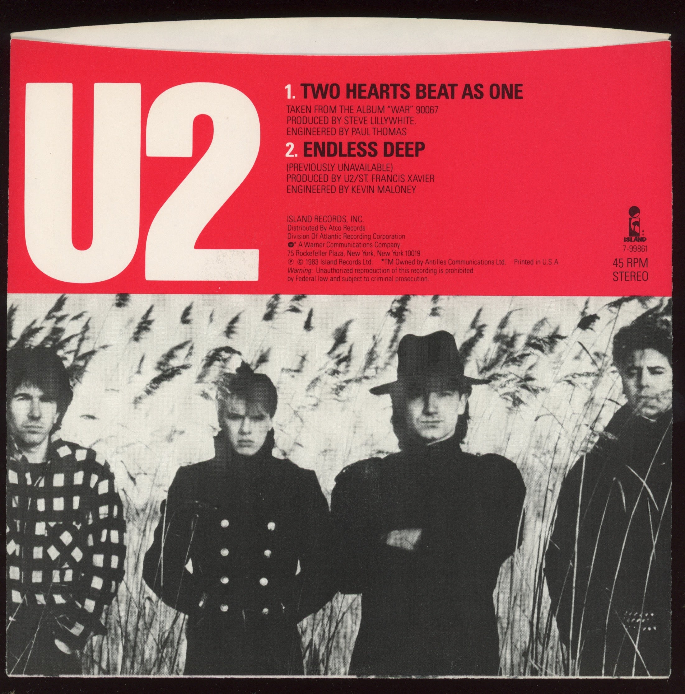 U2 - Two Hearts Beat As One on Island With Picture Sleeve