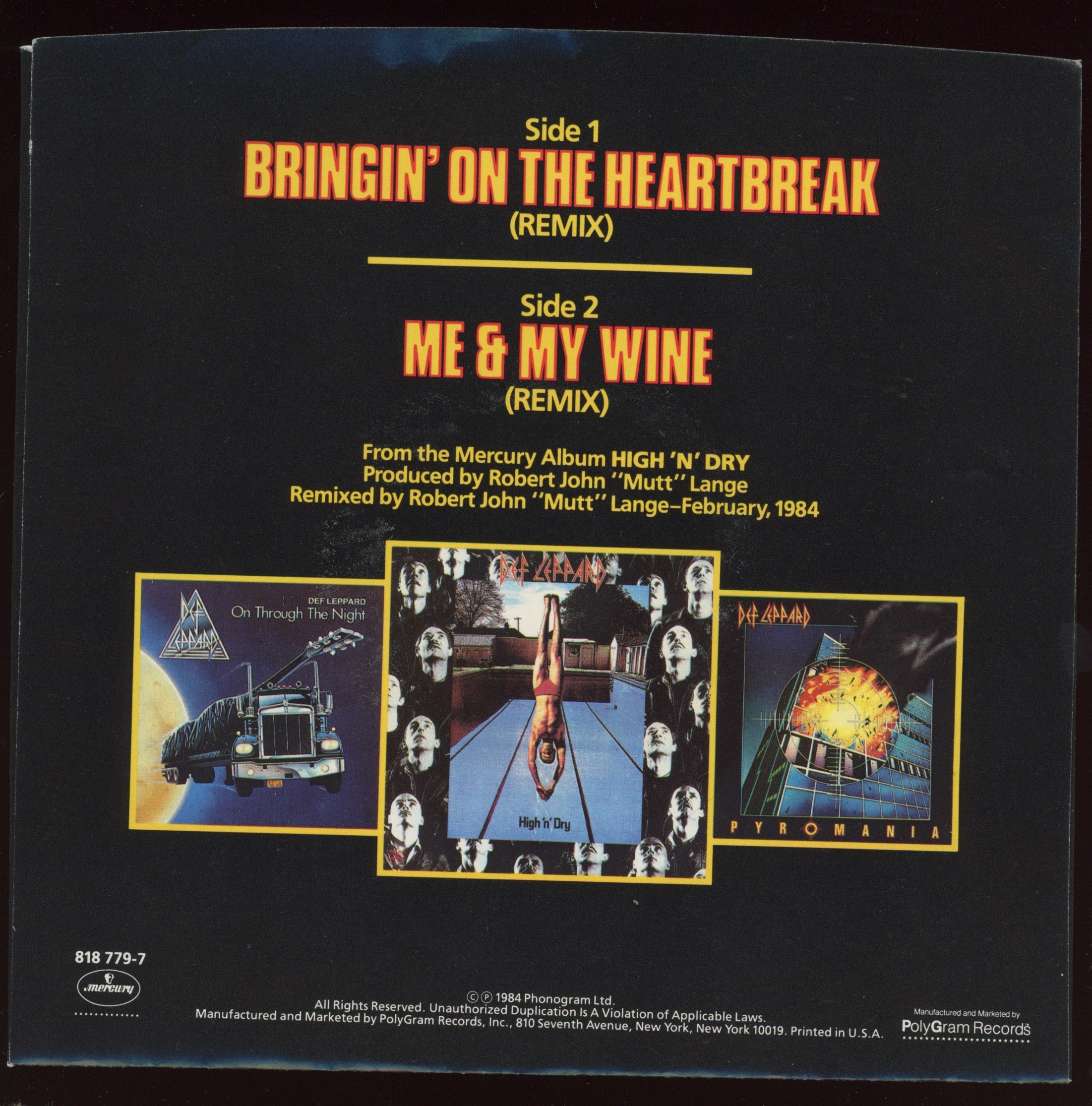 Def Leppard - Bringin' On The Heartbreak (Remix) on Mercury With Picture Sleeve