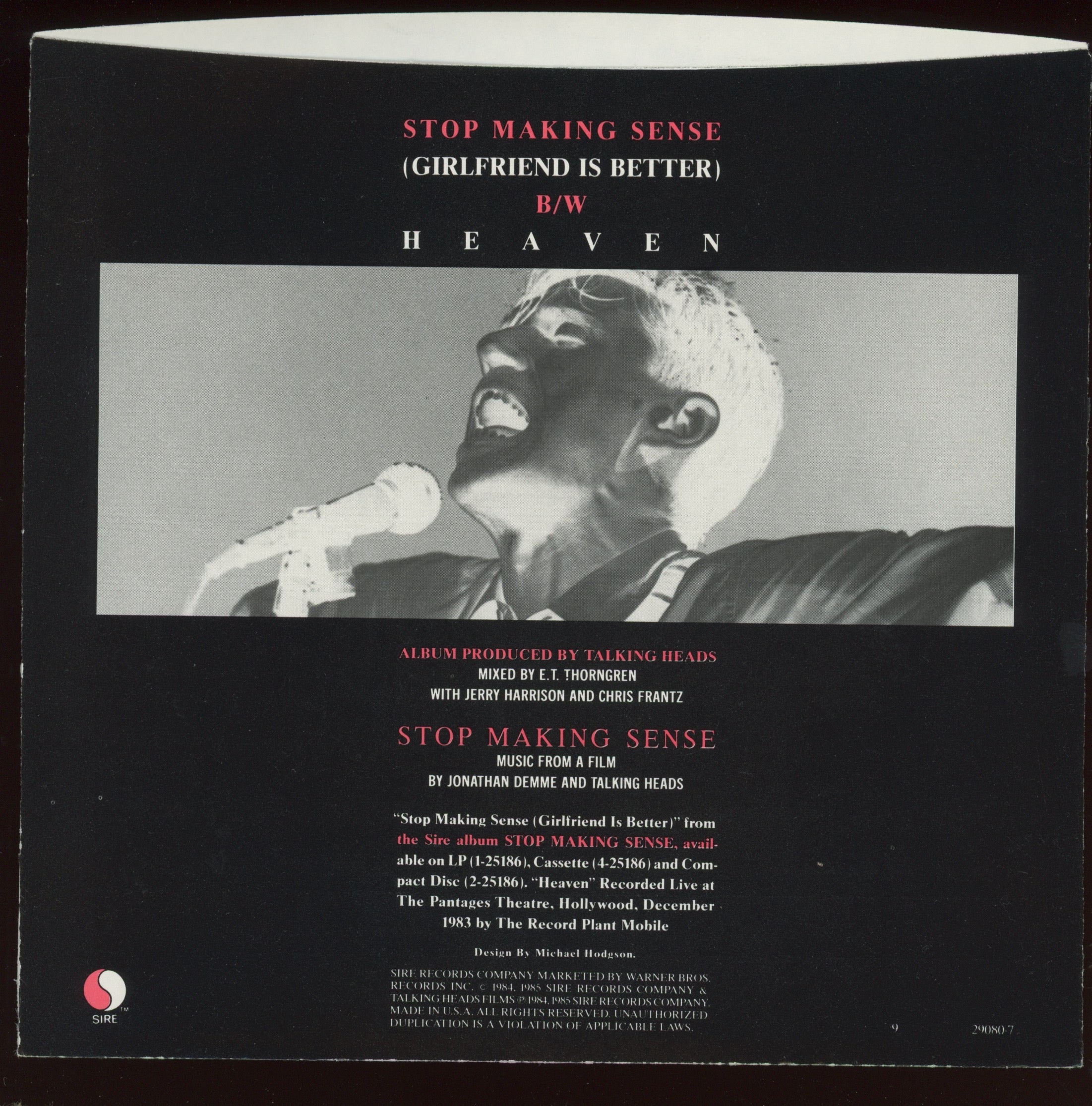 Talking Heads - Stop Making Sense (Girlfriend Is Better) on Sire With Picture Sleeve
