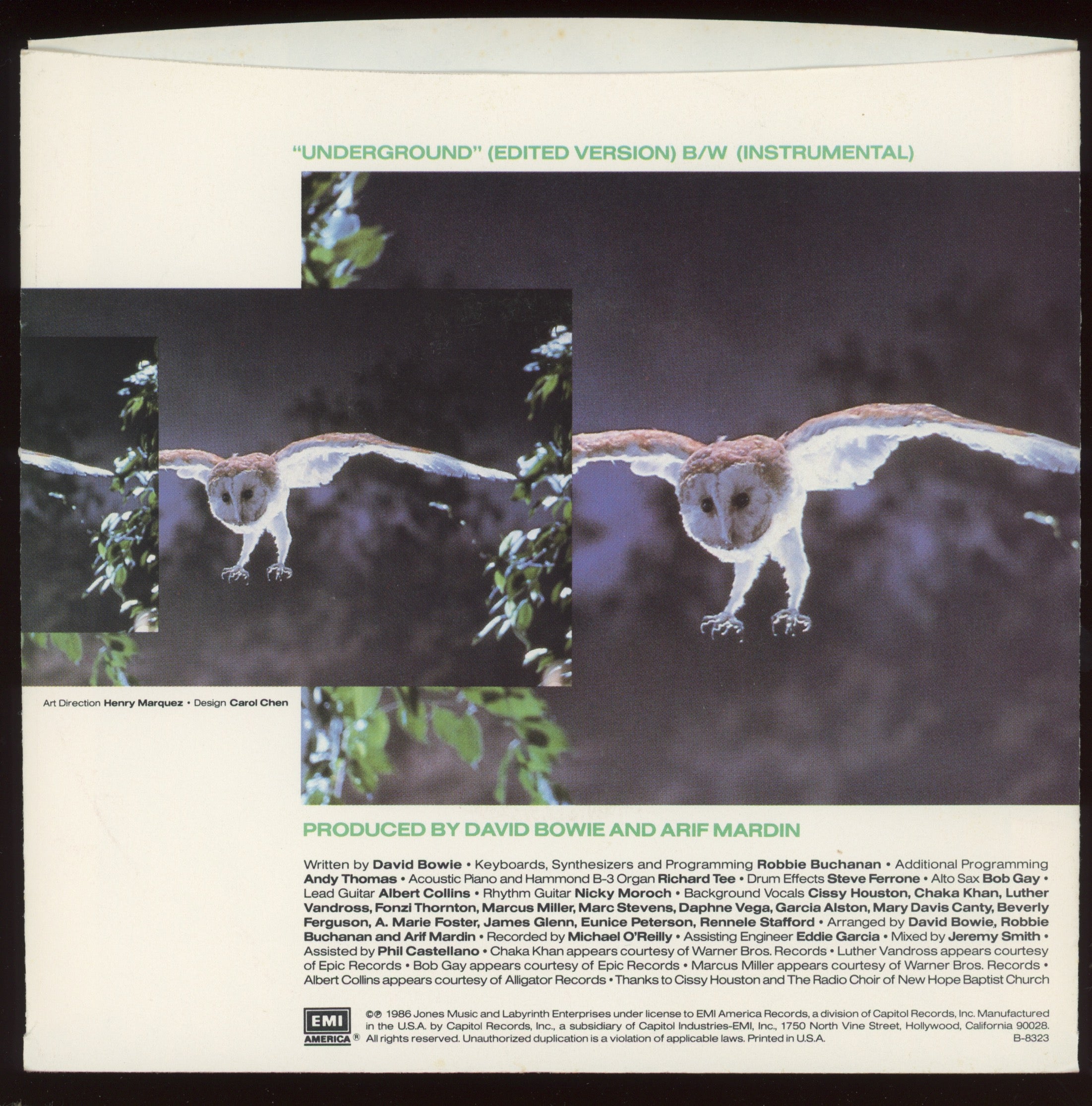 David Bowie - Underground on EMI America With Picture Sleeve