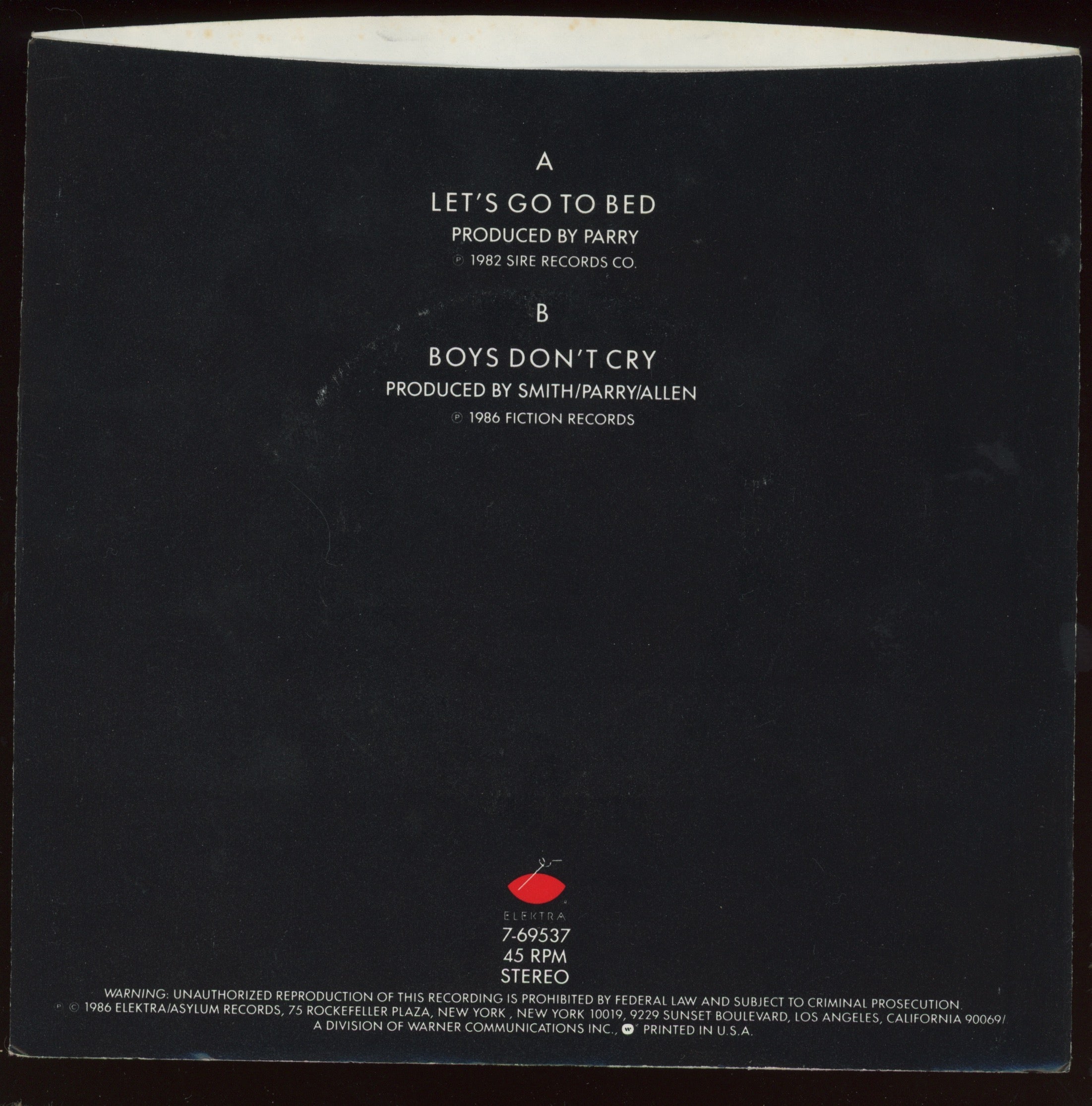 The Cure - Let's Go To Bed on Elektra With Picture Sleeve