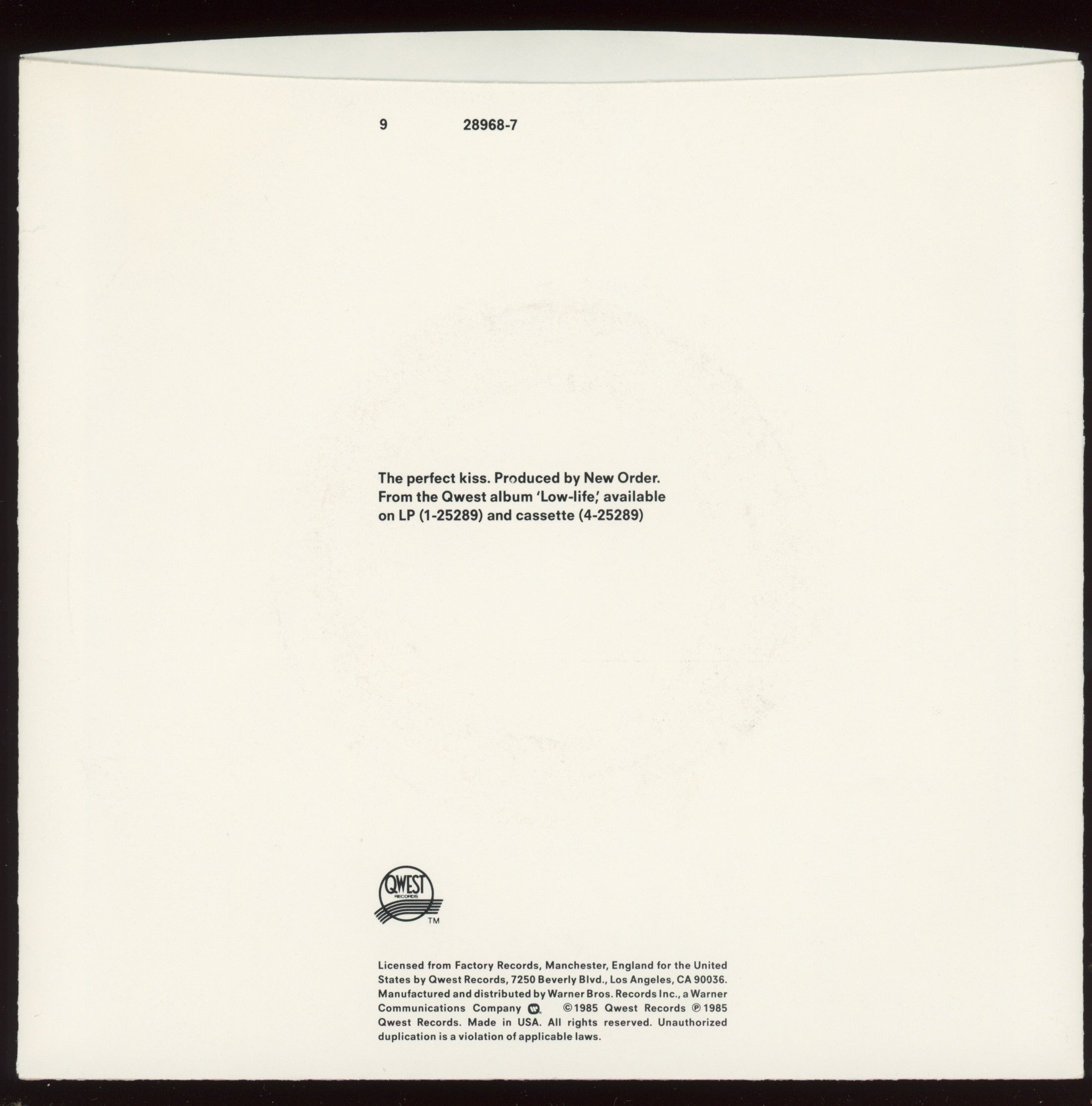 New Order - The Perfect Kiss on Qwest With Picture Sleeve