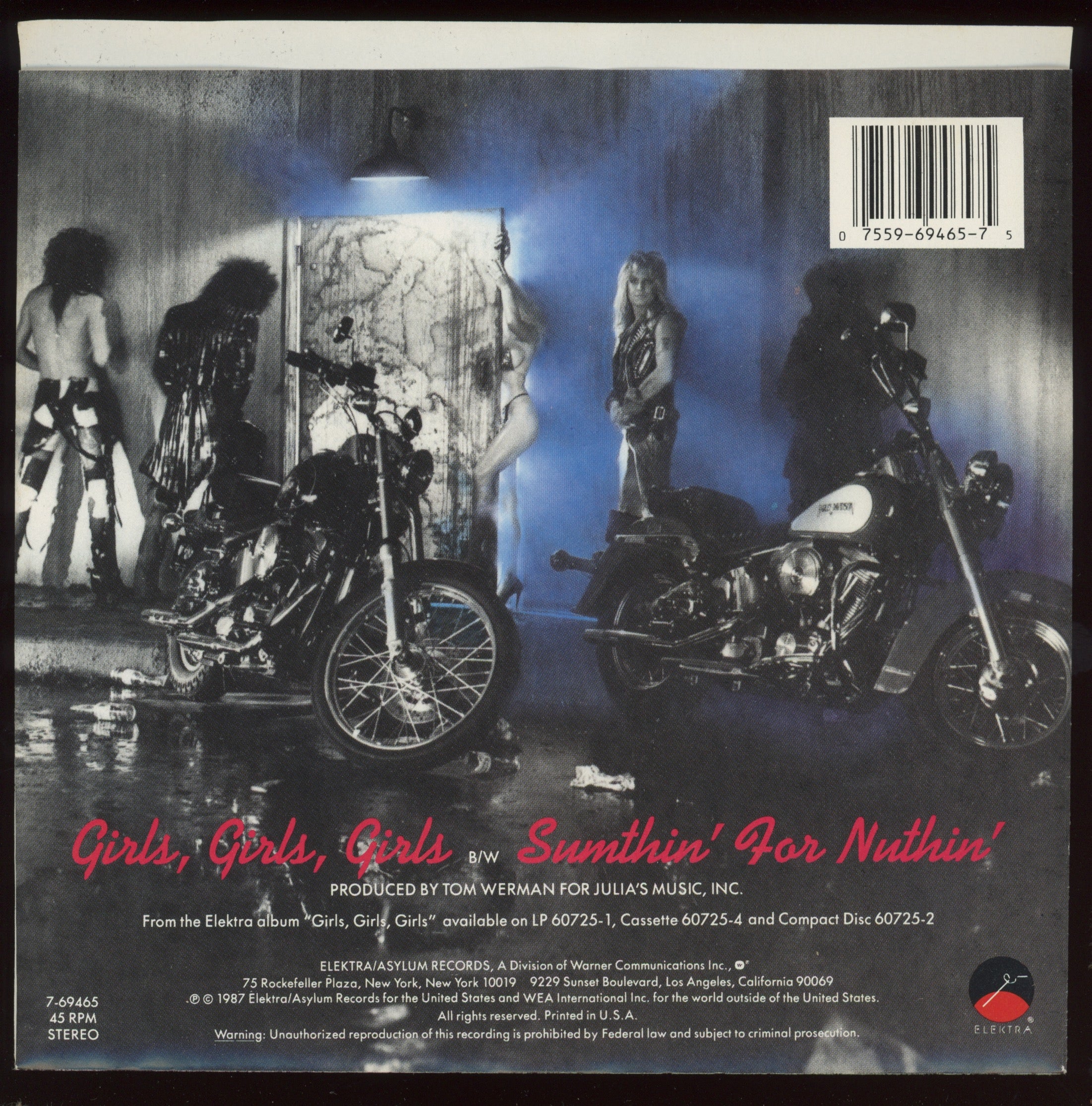 Mötley Crüe - Girls Girls Girls on Elektra With Picture Sleeve