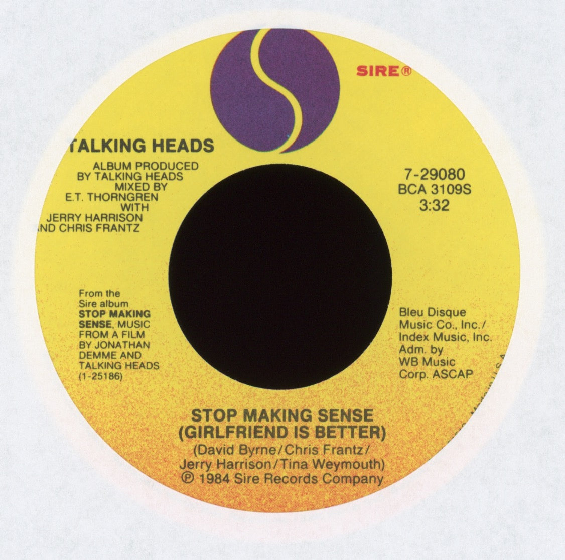Talking Heads - Stop Making Sense (Girlfriend Is Better) on Sire With Picture Sleeve