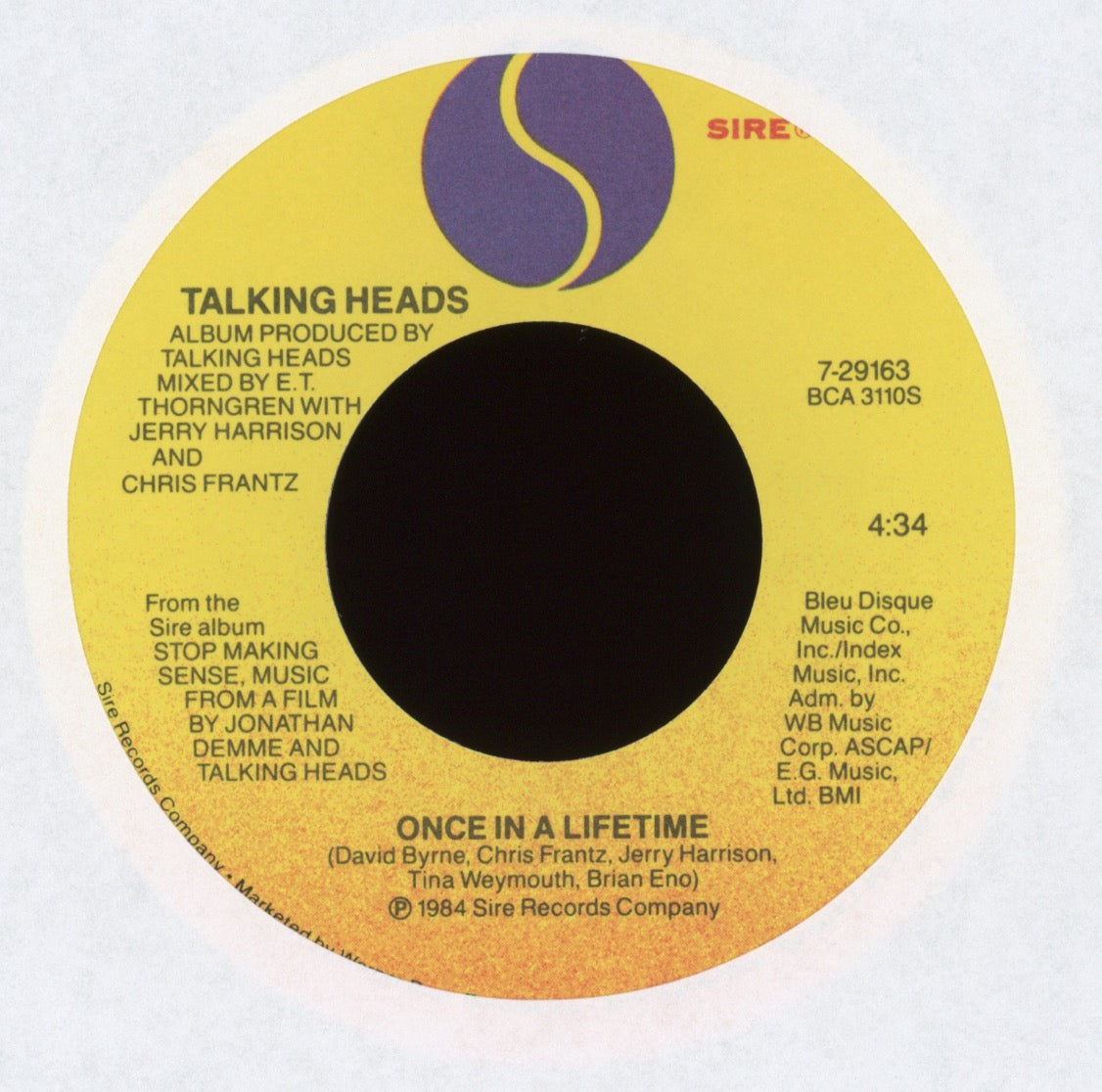 Talking Heads - Once In A Lifetime on Sire With Picture Sleeve