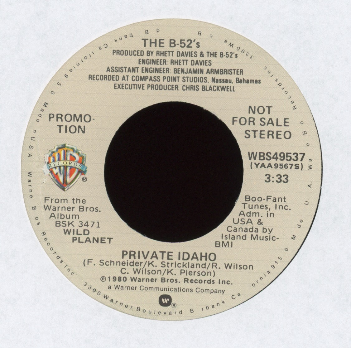 The B-52's - Private Idaho on Warner Bros Promo With Picture Sleeve