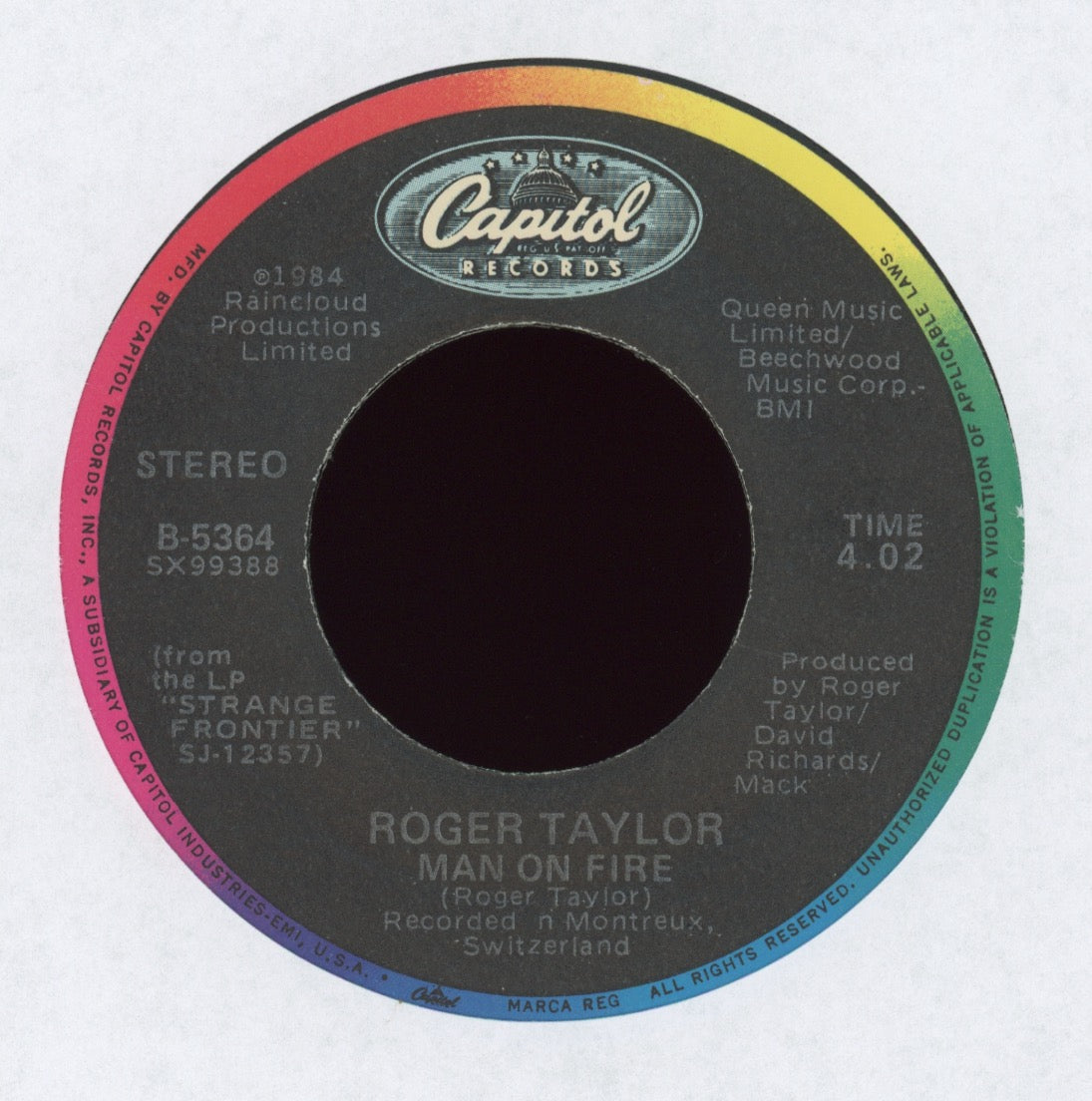 Roger Taylor - Man On Fire on Capitol With Picture Sleeve