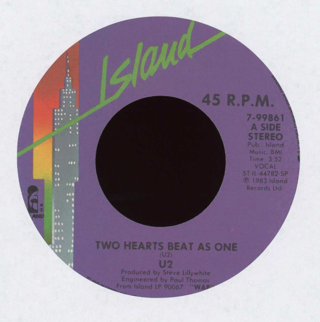 U2 - Two Hearts Beat As One on Island With Picture Sleeve